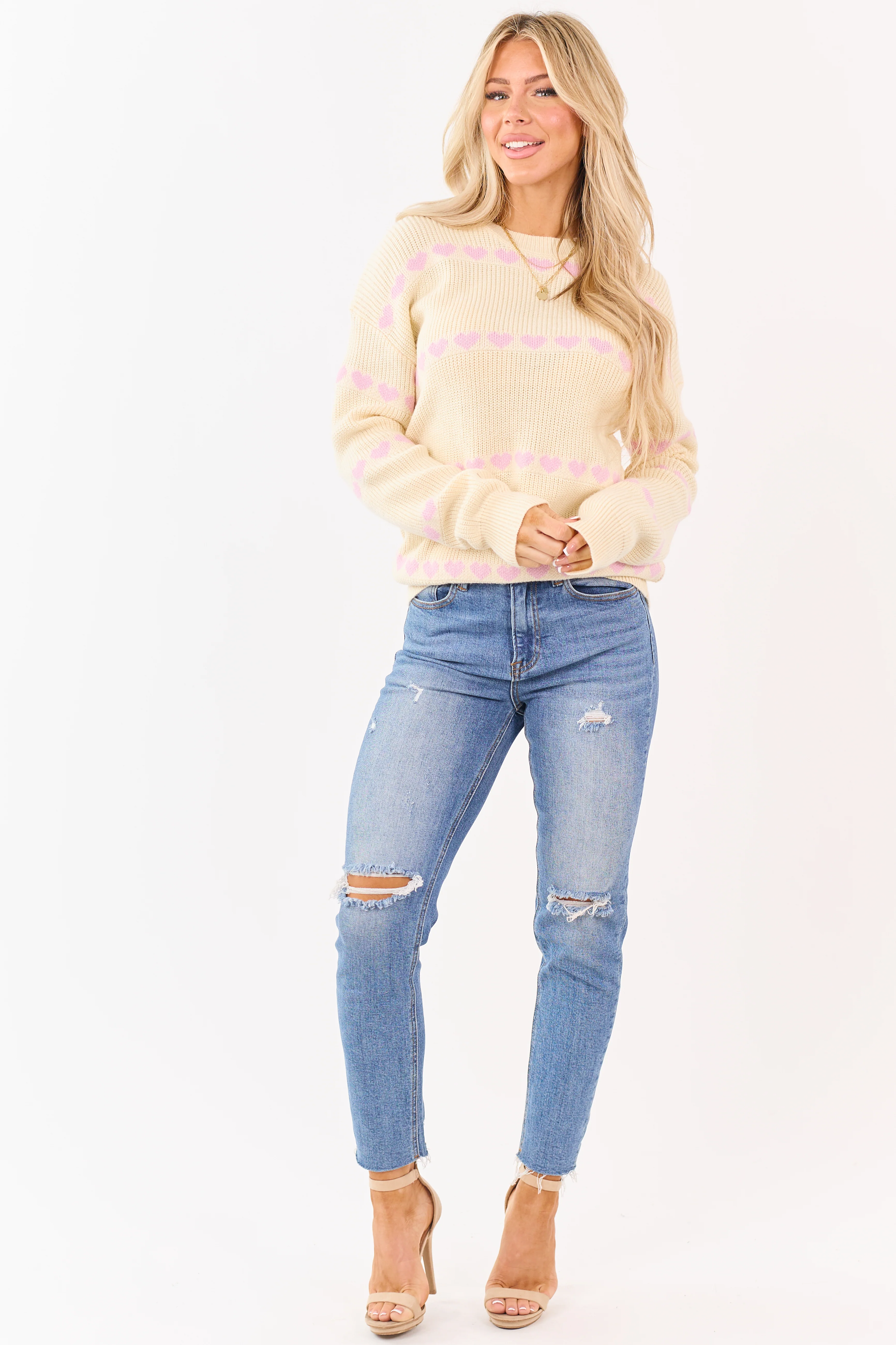 Cream Heart Pattern Ribbed Knit Relaxed Sweater - Image 2