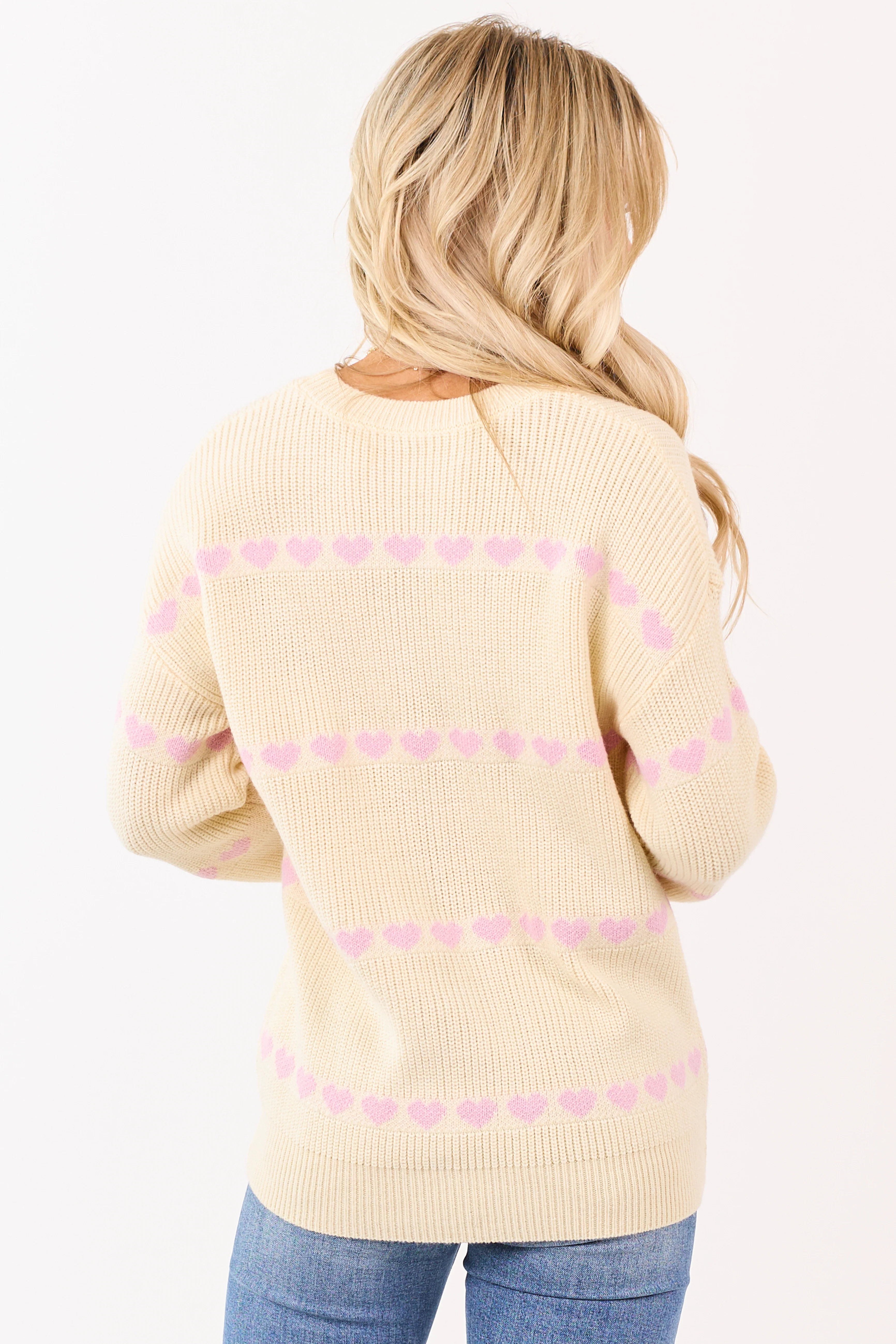 Cream Heart Pattern Ribbed Knit Relaxed Sweater - Image 5