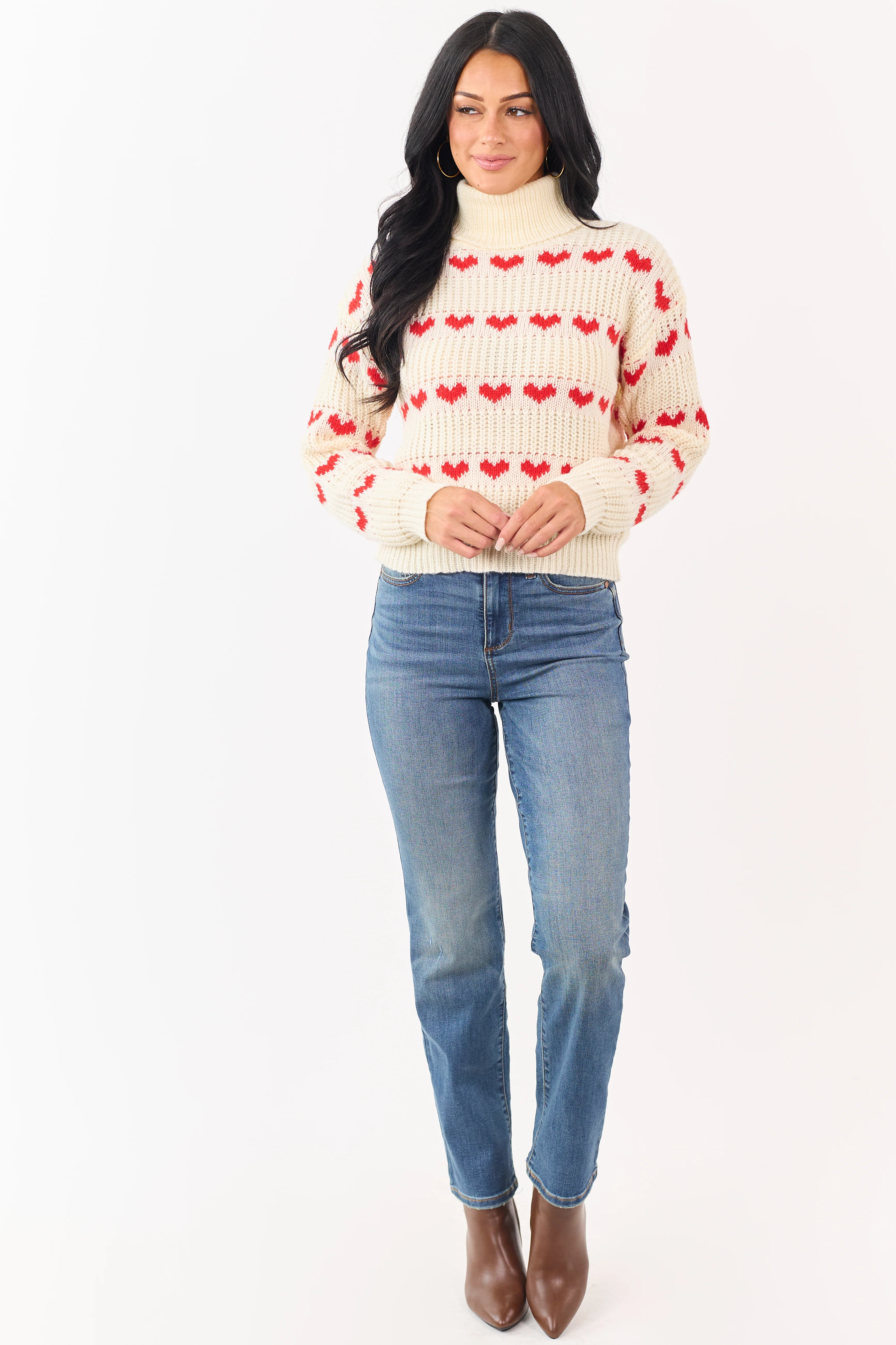 Cream Heart Print Turtleneck Long Sleeve Sweater - Image 2