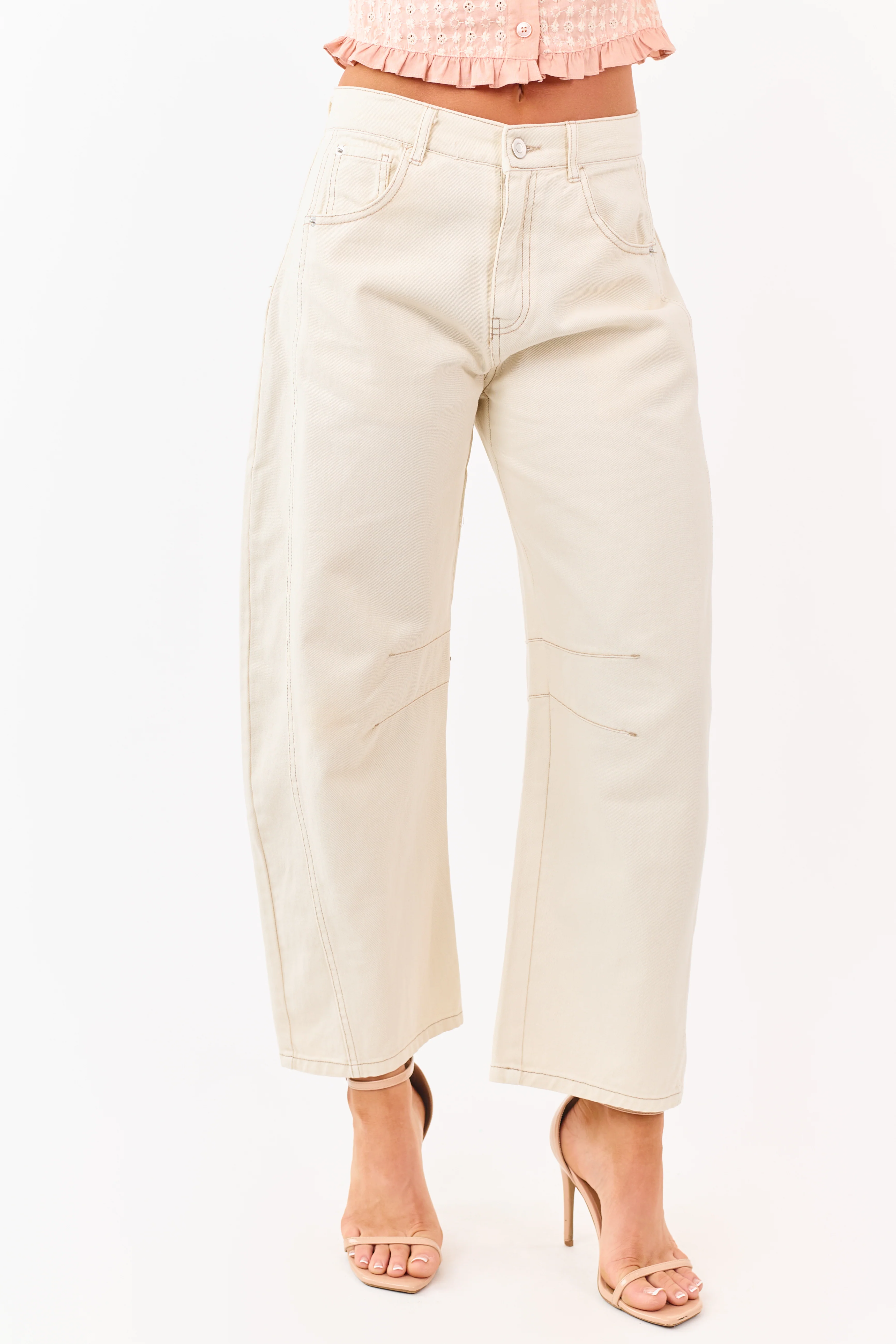 Cream High Rise Barrel Leg Cropped Length Jeans - Image 2