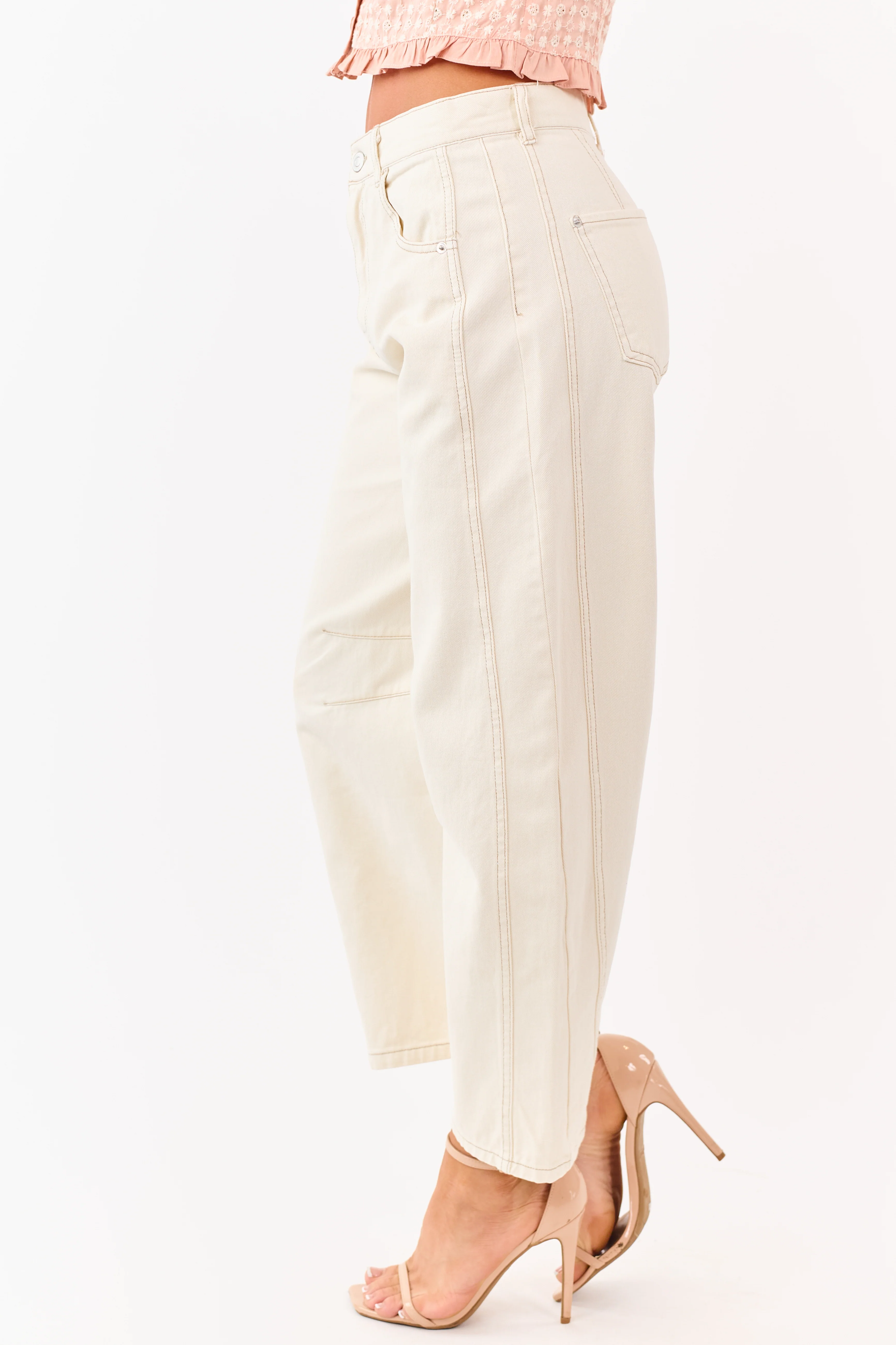 Cream High Rise Barrel Leg Cropped Length Jeans - Image 3