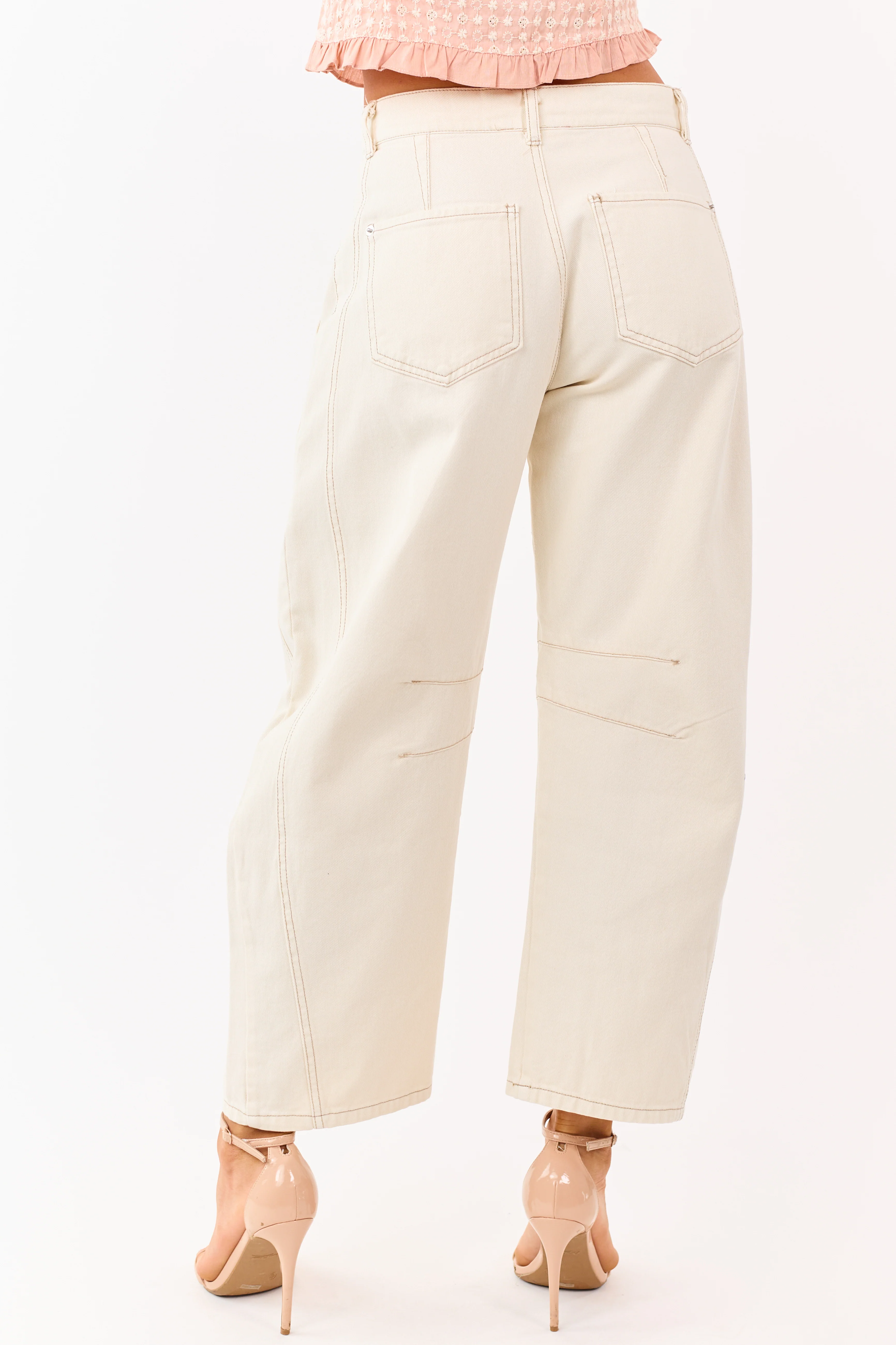 Cream High Rise Barrel Leg Cropped Length Jeans - Image 4