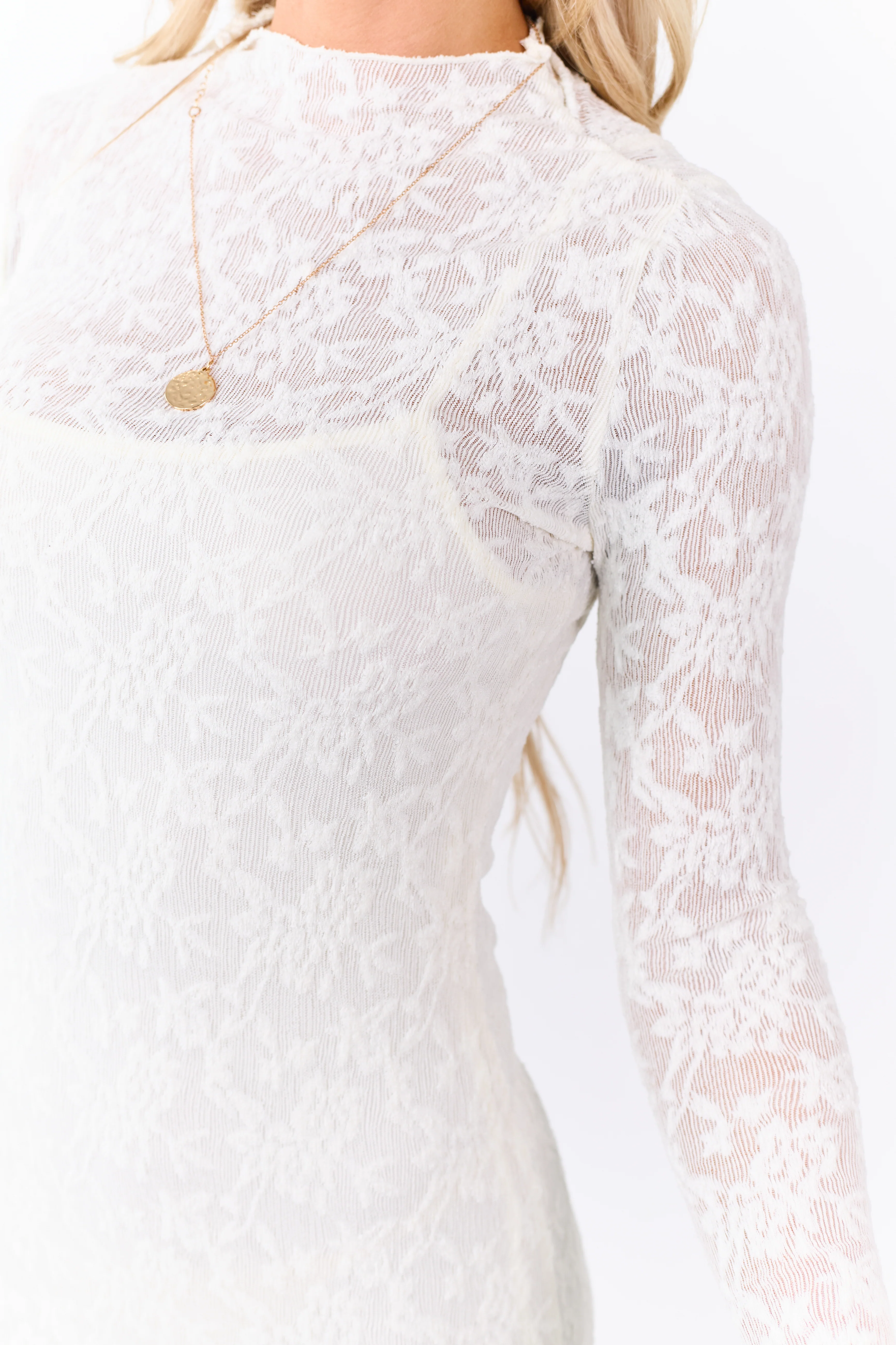 Cream Lace Mock Neck Bodycon Maxi Dress - Image 3
