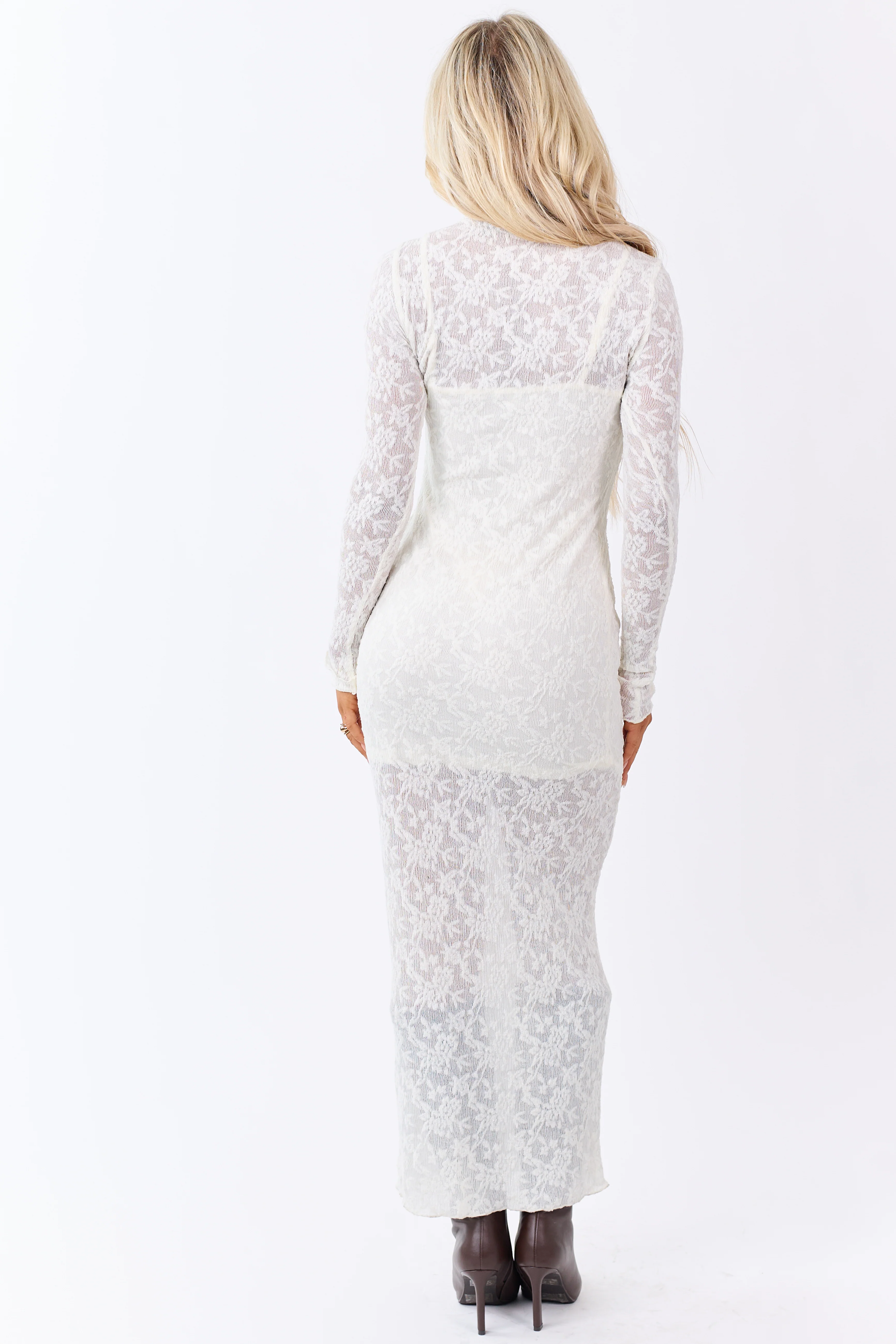Cream Lace Mock Neck Bodycon Maxi Dress - Image 6
