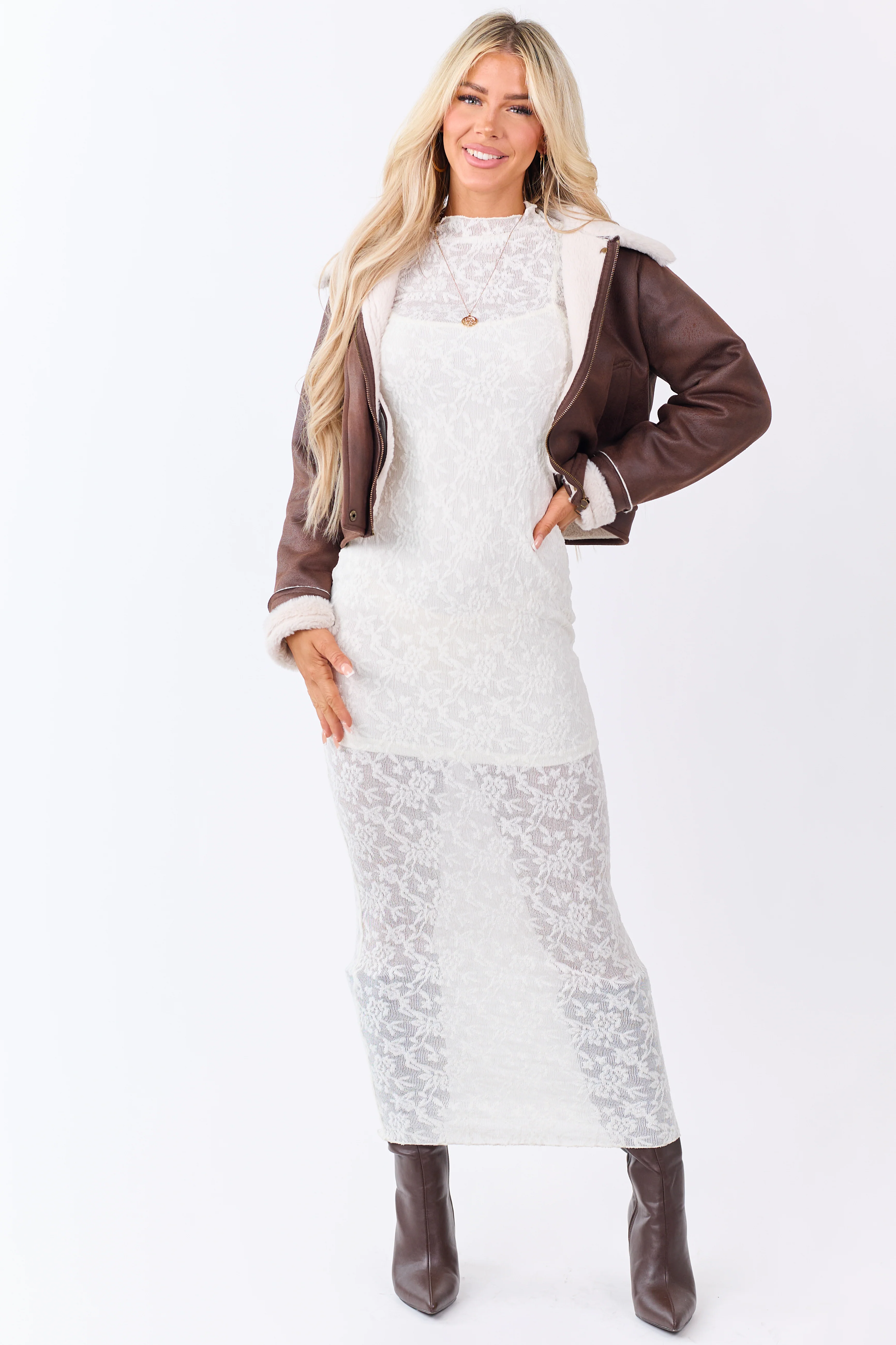 Cream Lace Mock Neck Bodycon Maxi Dress - Image 7