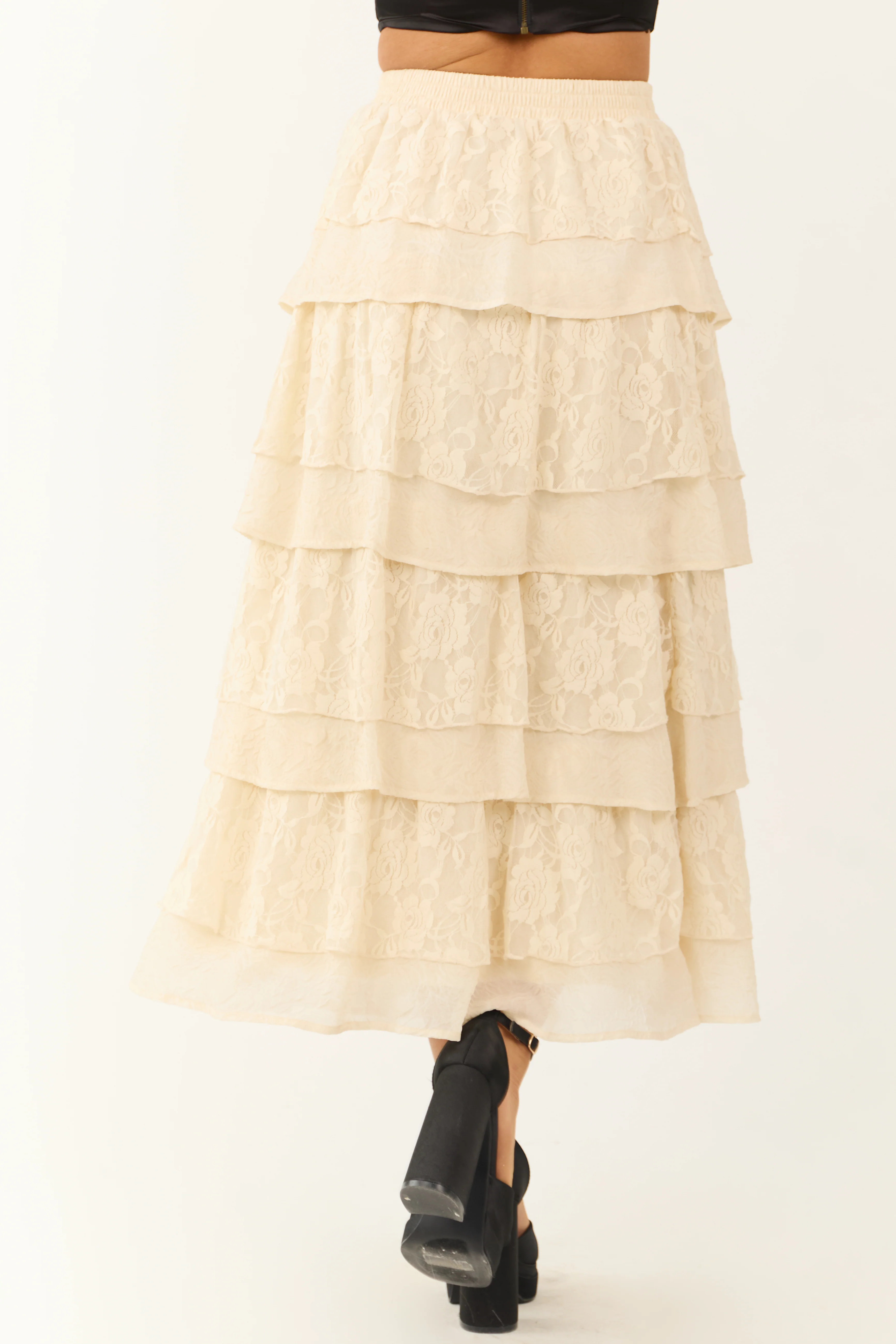 Cream Lace Ruffle Tiered Maxi Skirt - Image 4