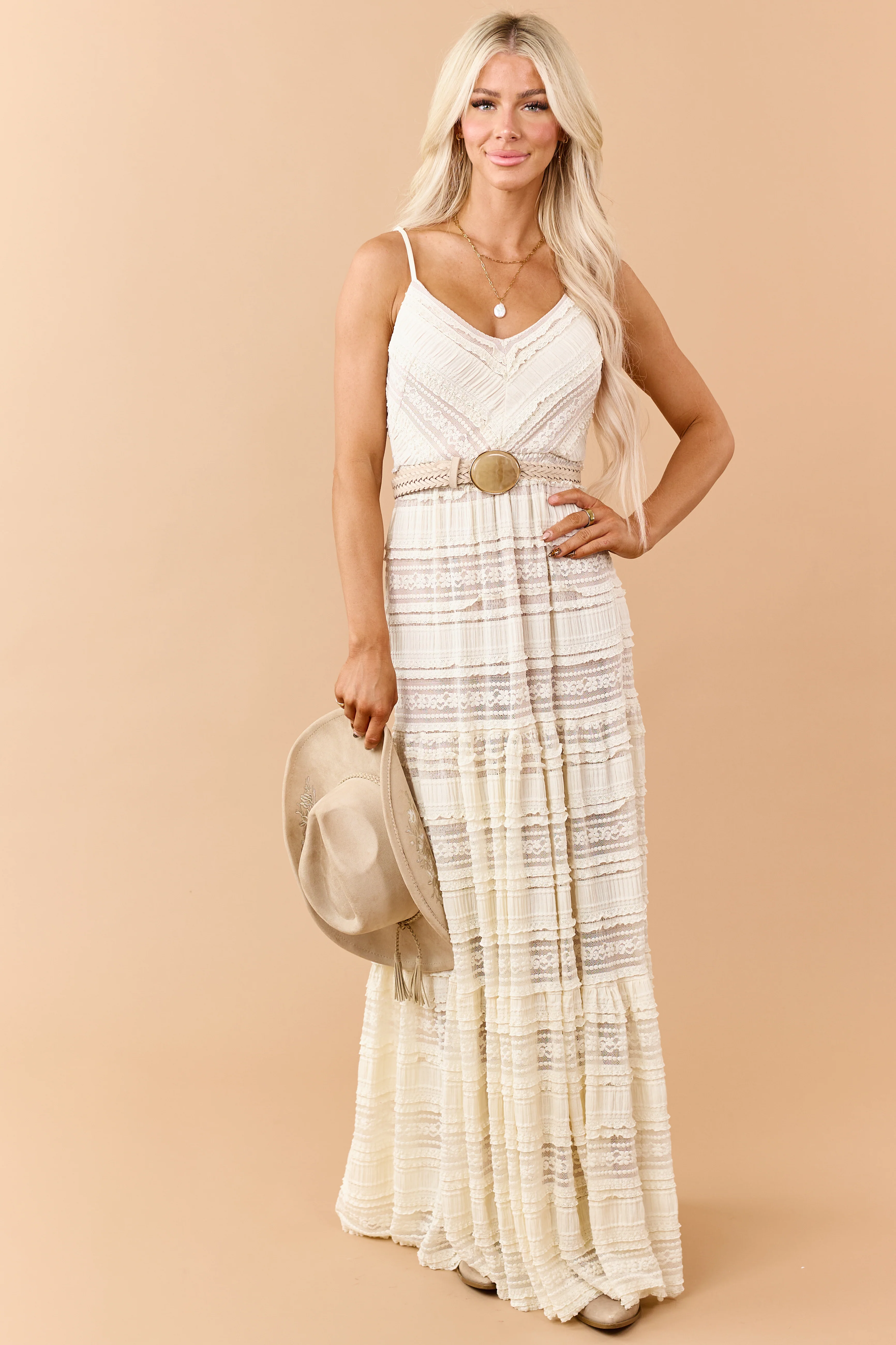 Cream Lace Tiered V-Neck Sleeveless Maxi Dress - Image 3