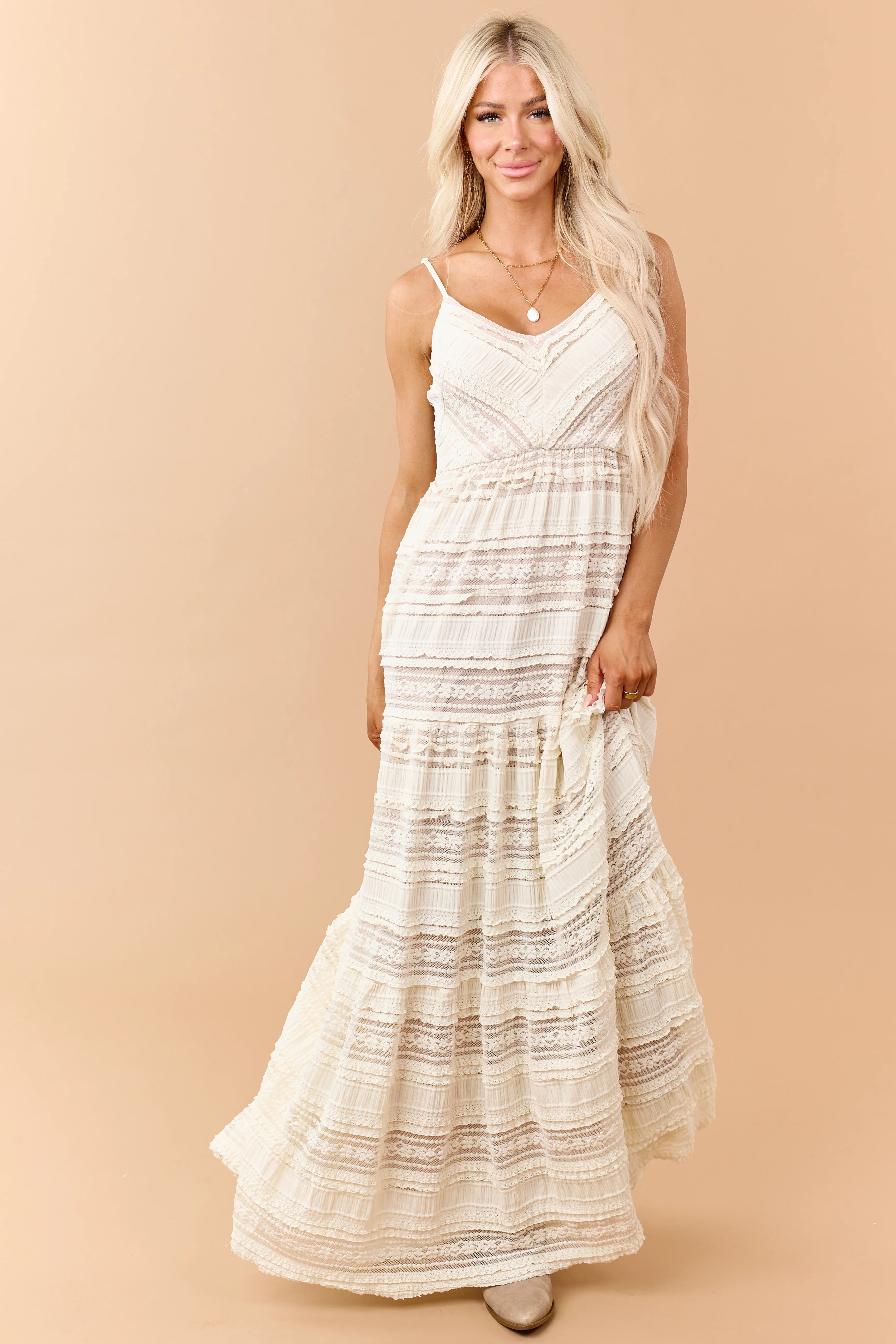 Cream Lace Tiered V-Neck Sleeveless Maxi Dress - Image 4