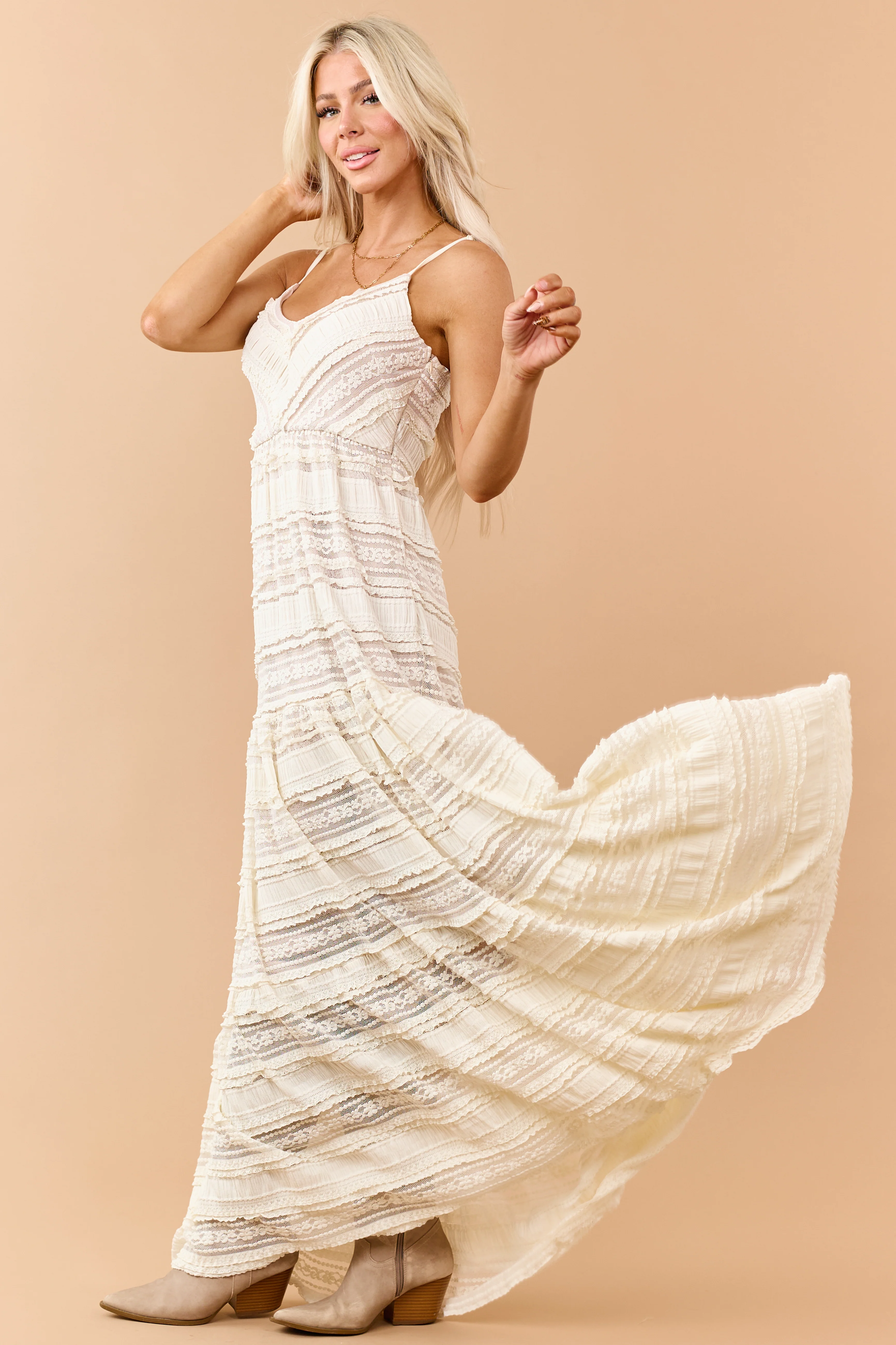 Cream Lace Tiered V-Neck Sleeveless Maxi Dress - Image 6