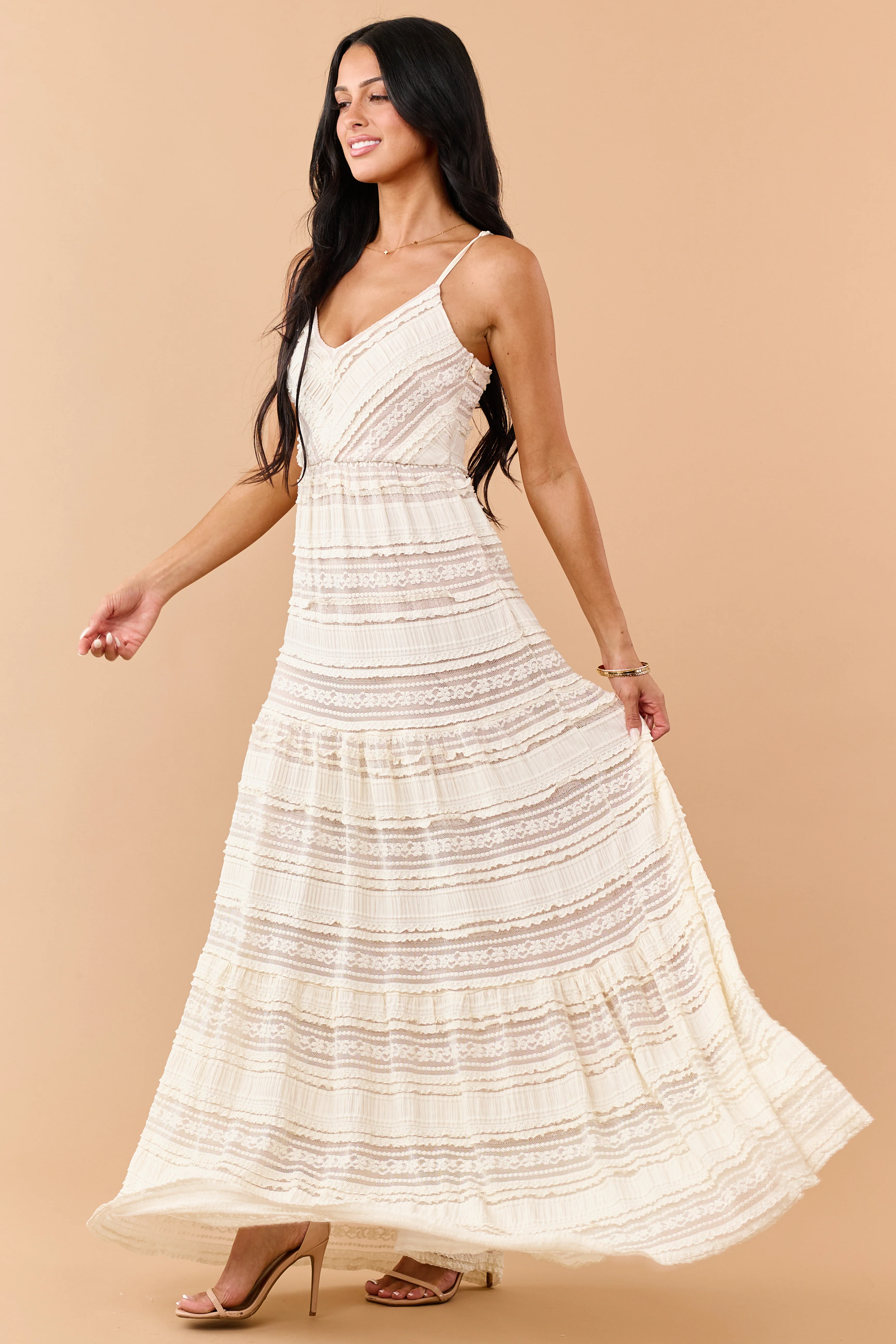 Cream Lace Tiered V-Neck Sleeveless Maxi Dress - Image 9