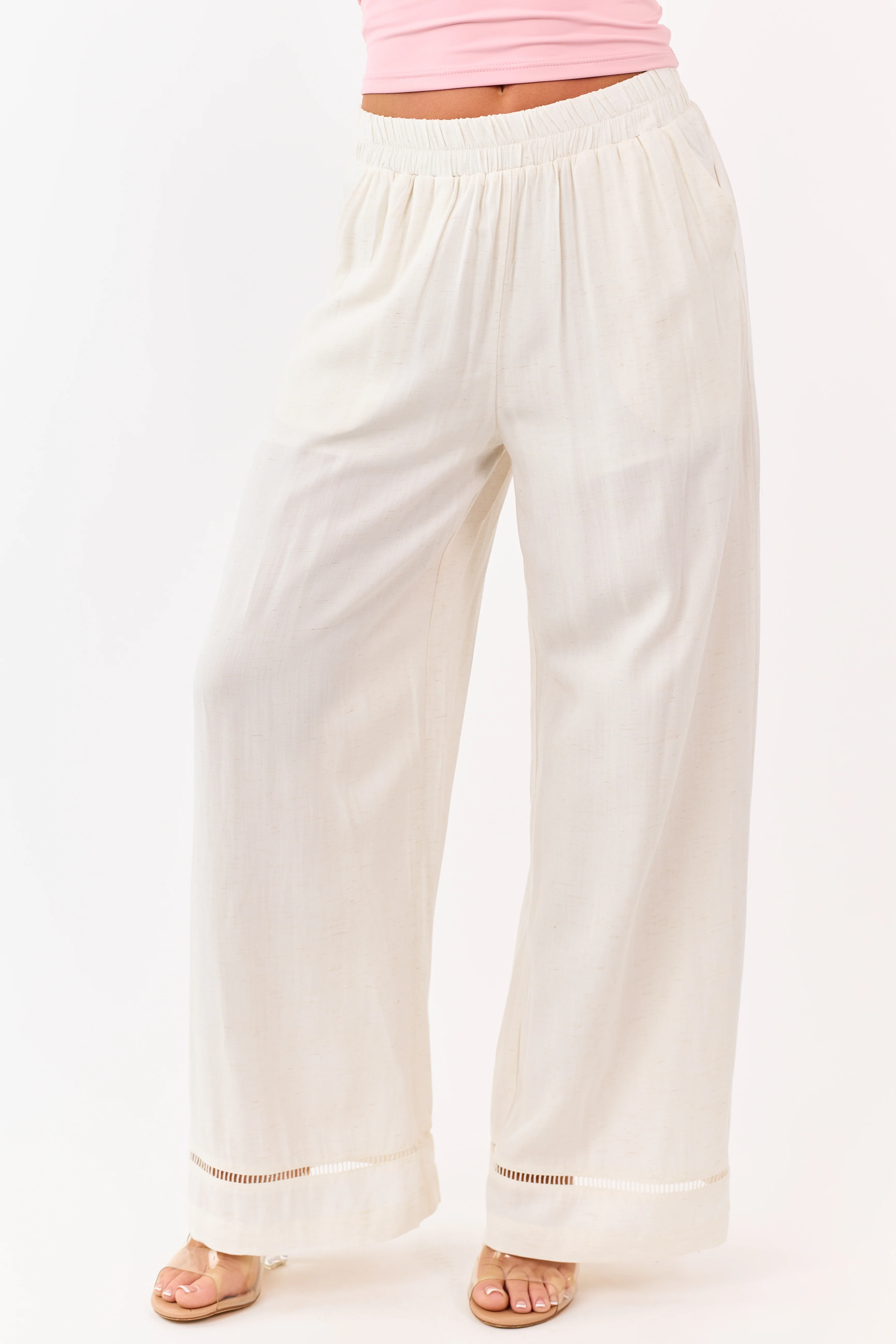 Cream Ladder Lace Hem Linen Blend Wide Leg Pants - Image 2