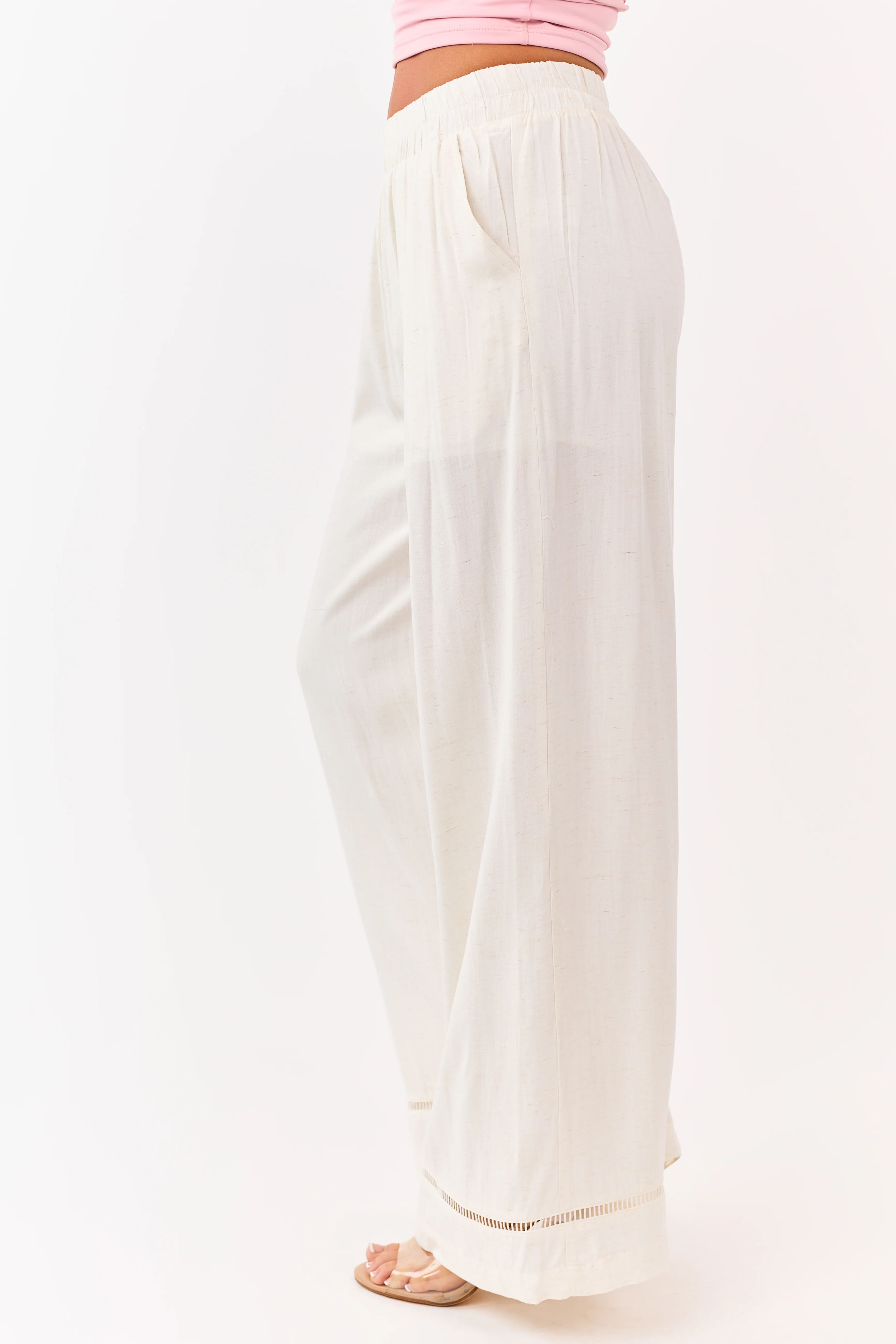 Cream Ladder Lace Hem Linen Blend Wide Leg Pants - Image 3