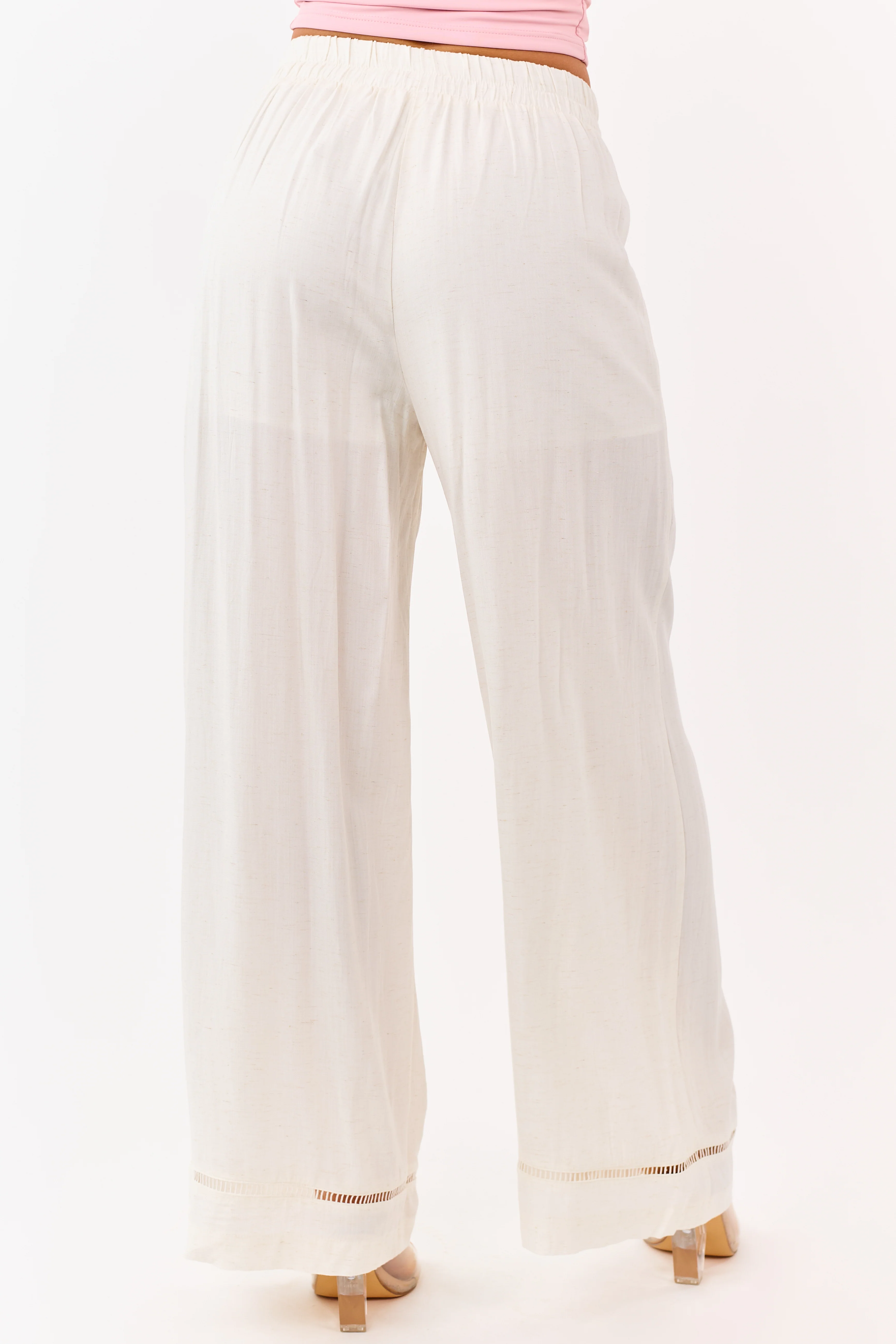 Cream Ladder Lace Hem Linen Blend Wide Leg Pants - Image 4