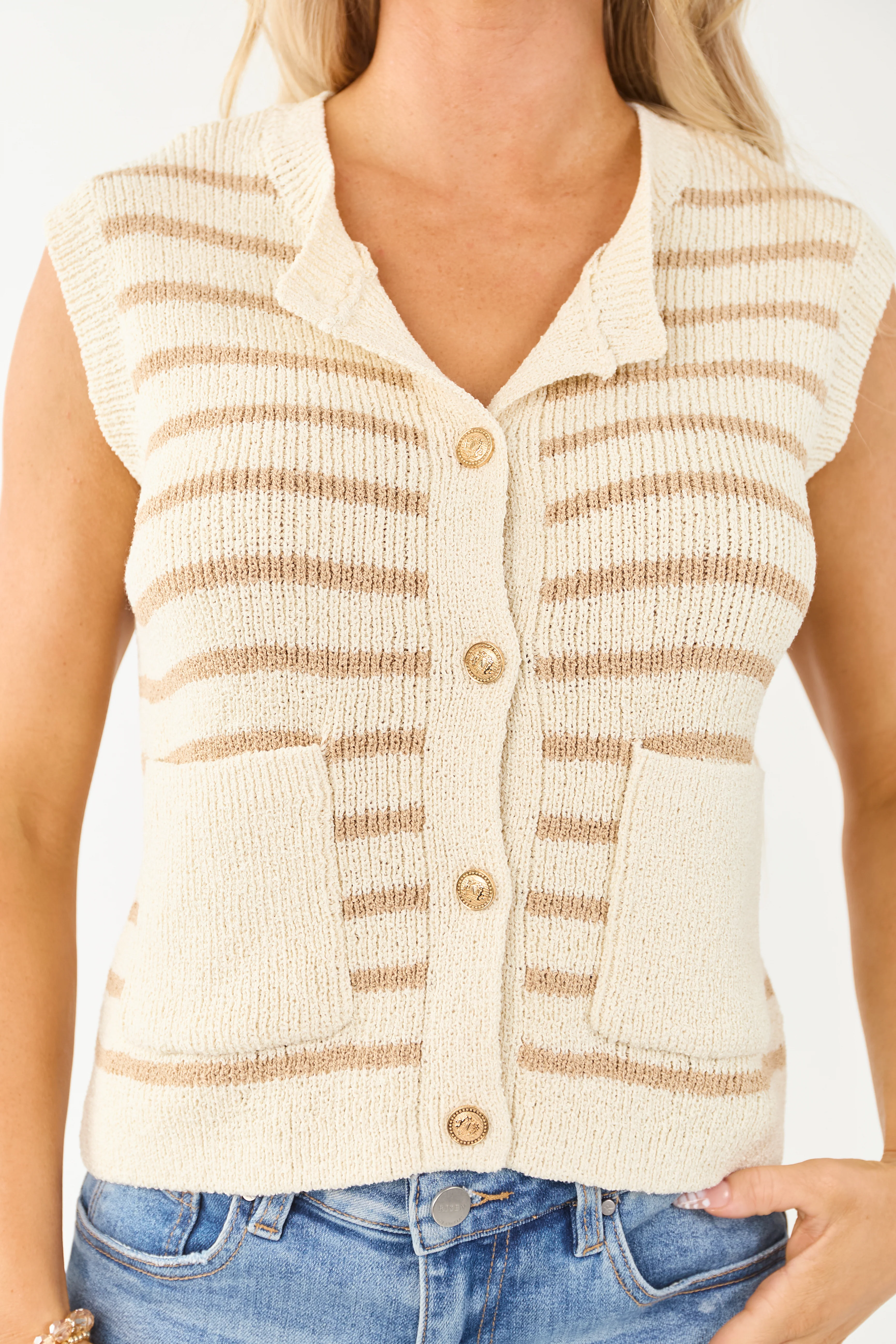 Cream and Latte Striped Button Down Knit Vest - Image 6