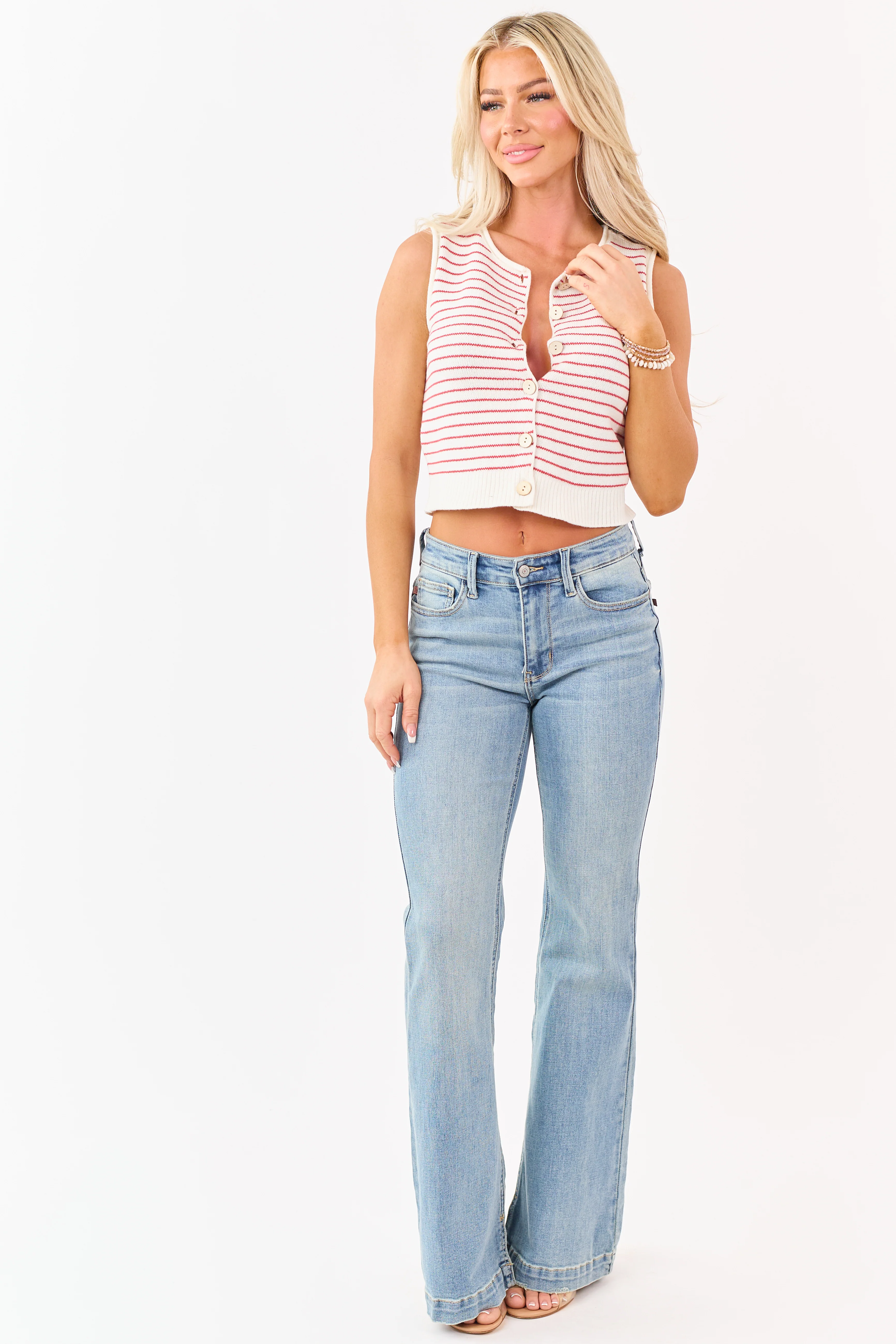 Cream and Lipstick Striped Button Down Vest Top - Image 2