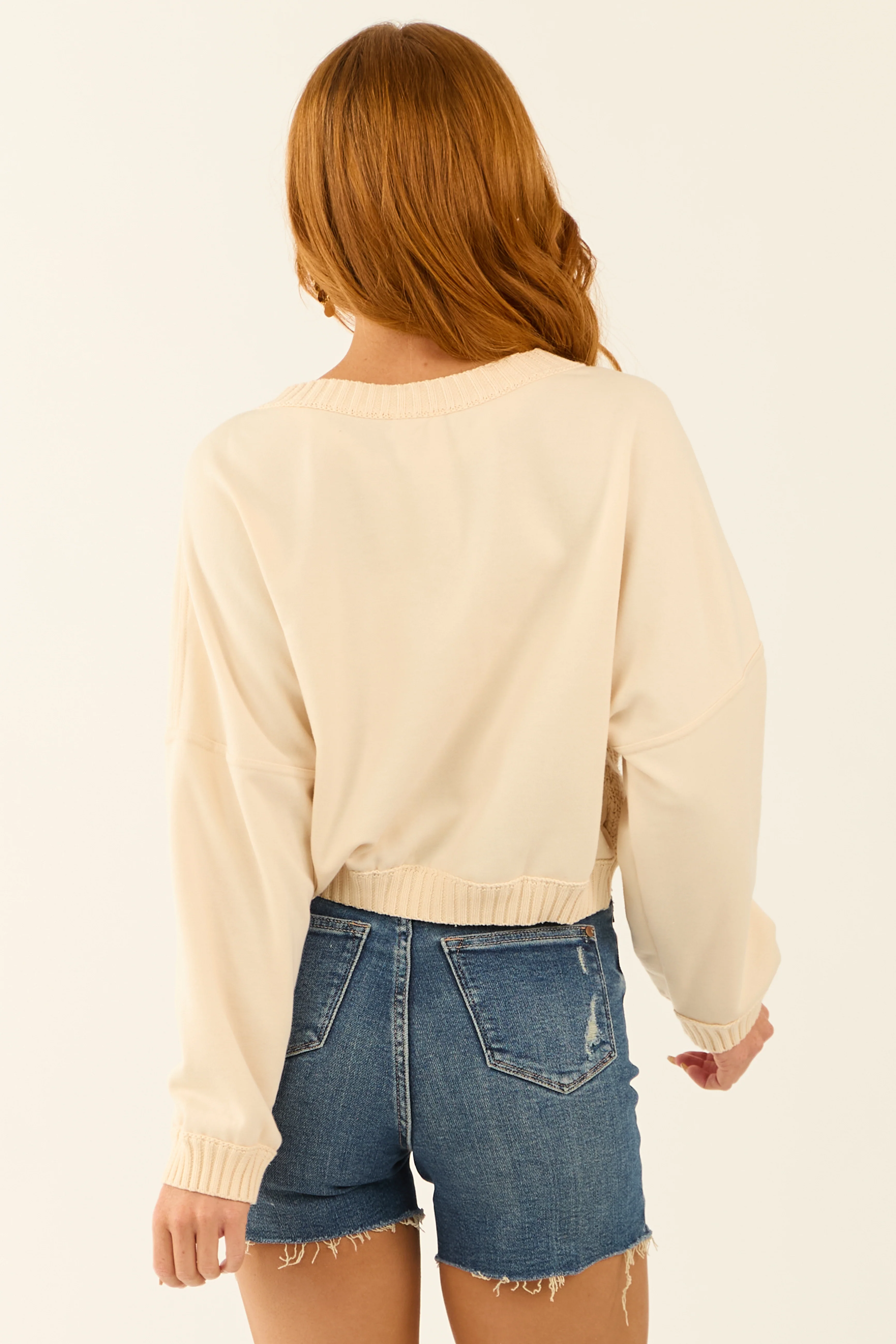 Cream Long Sleeve Knit Front Cropped Sweater - Image 5