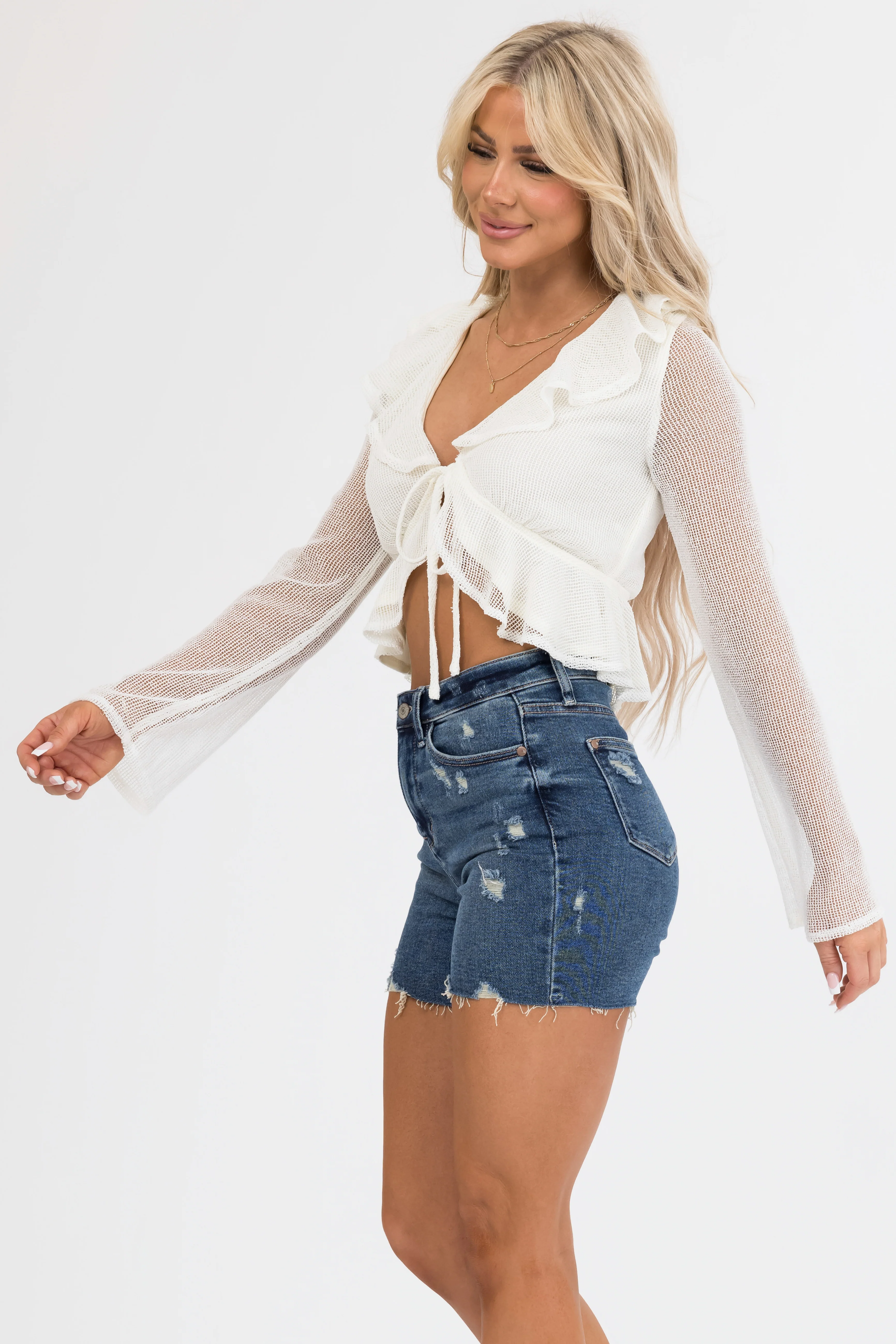 Cream Long Sleeve Mesh Top with Front Tie - Image 4