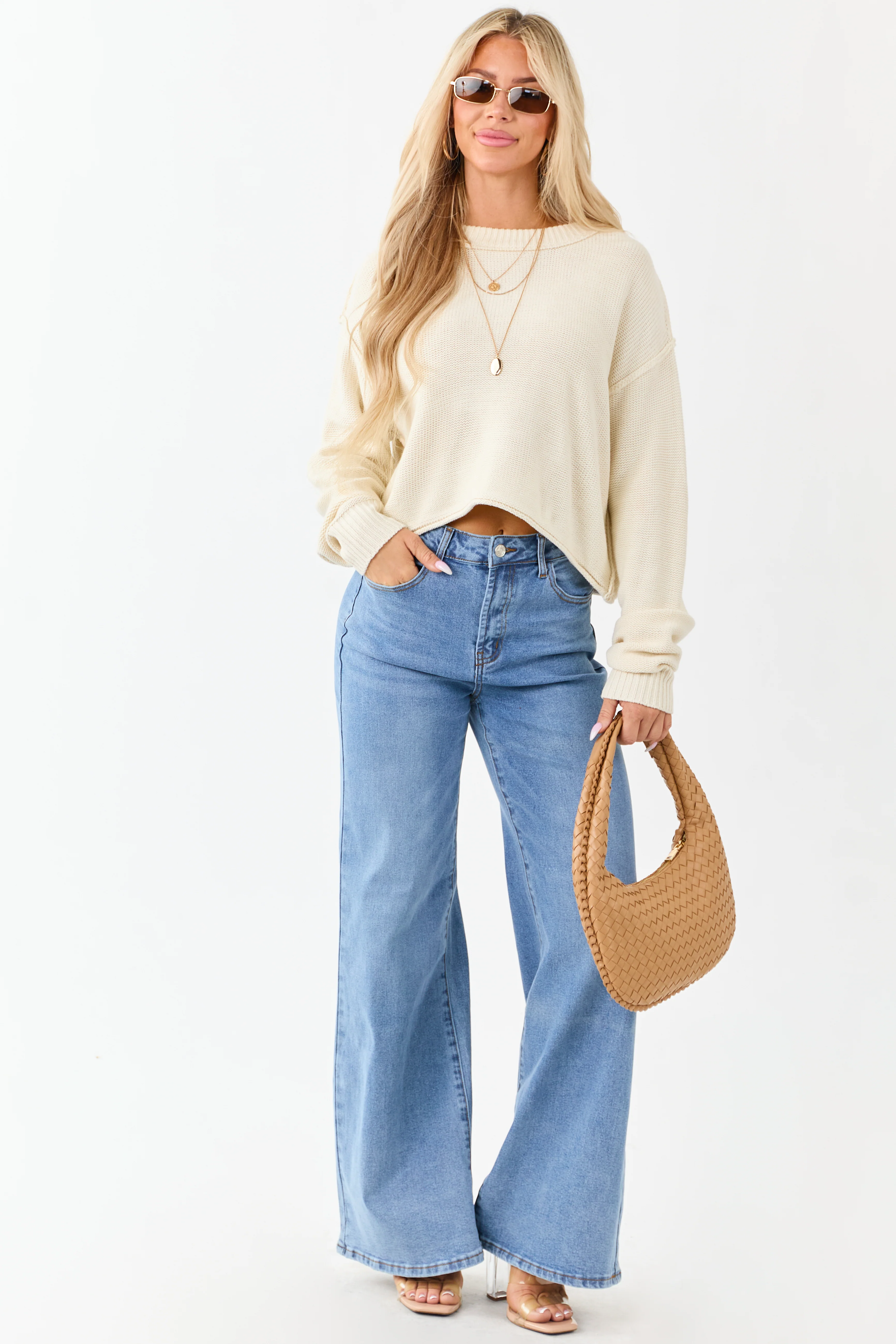 Cream Long Sleeve Relaxed Knit Sweater - Image 3