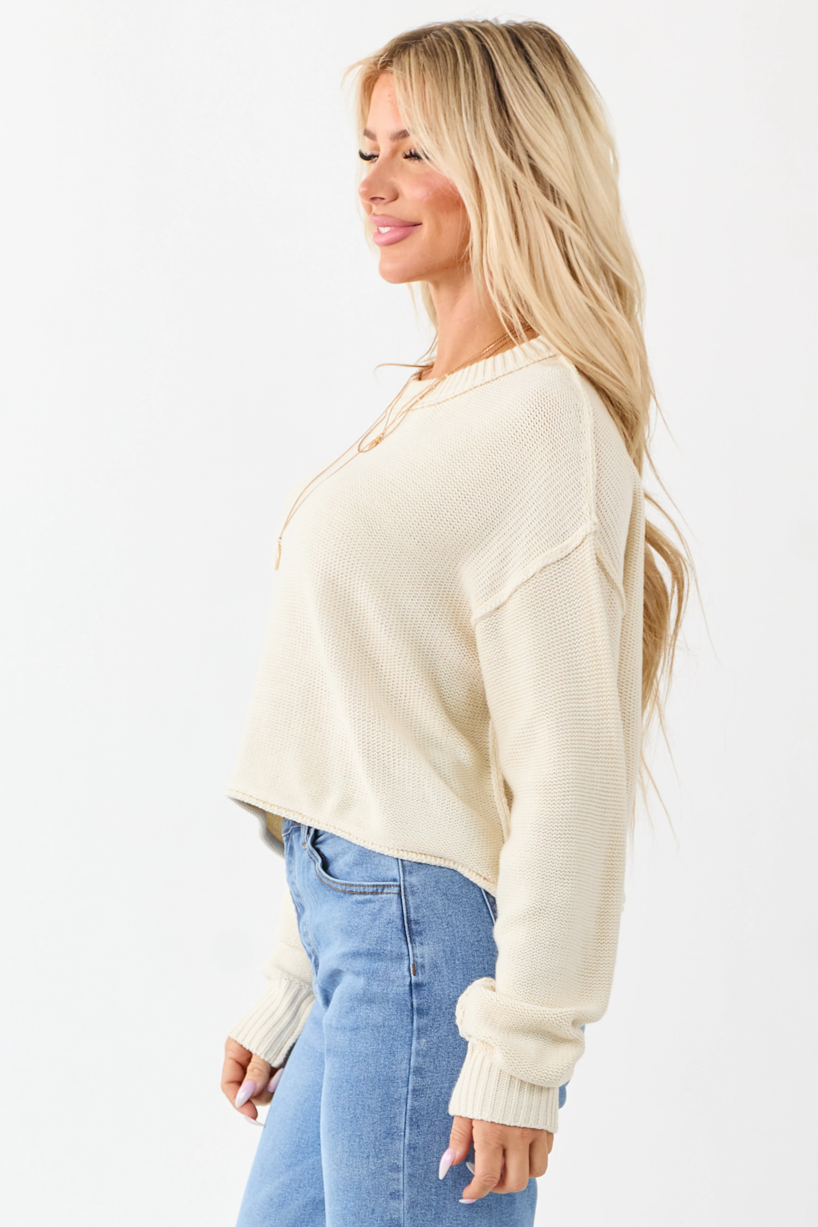 Cream Long Sleeve Relaxed Knit Sweater - Image 4