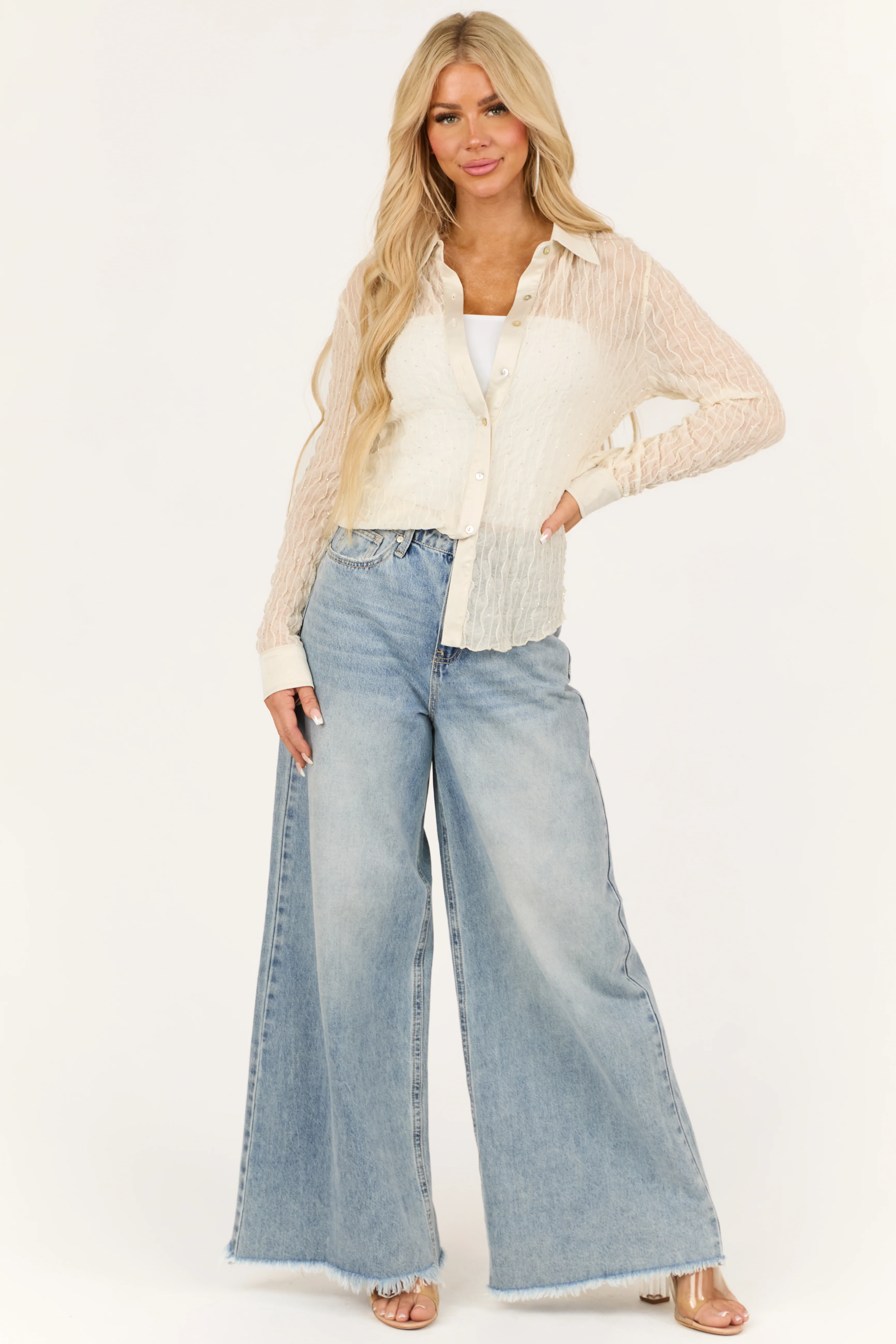 Cream Mesh Lace Long Sleeve Button Up Rhinestone Top - Image 3