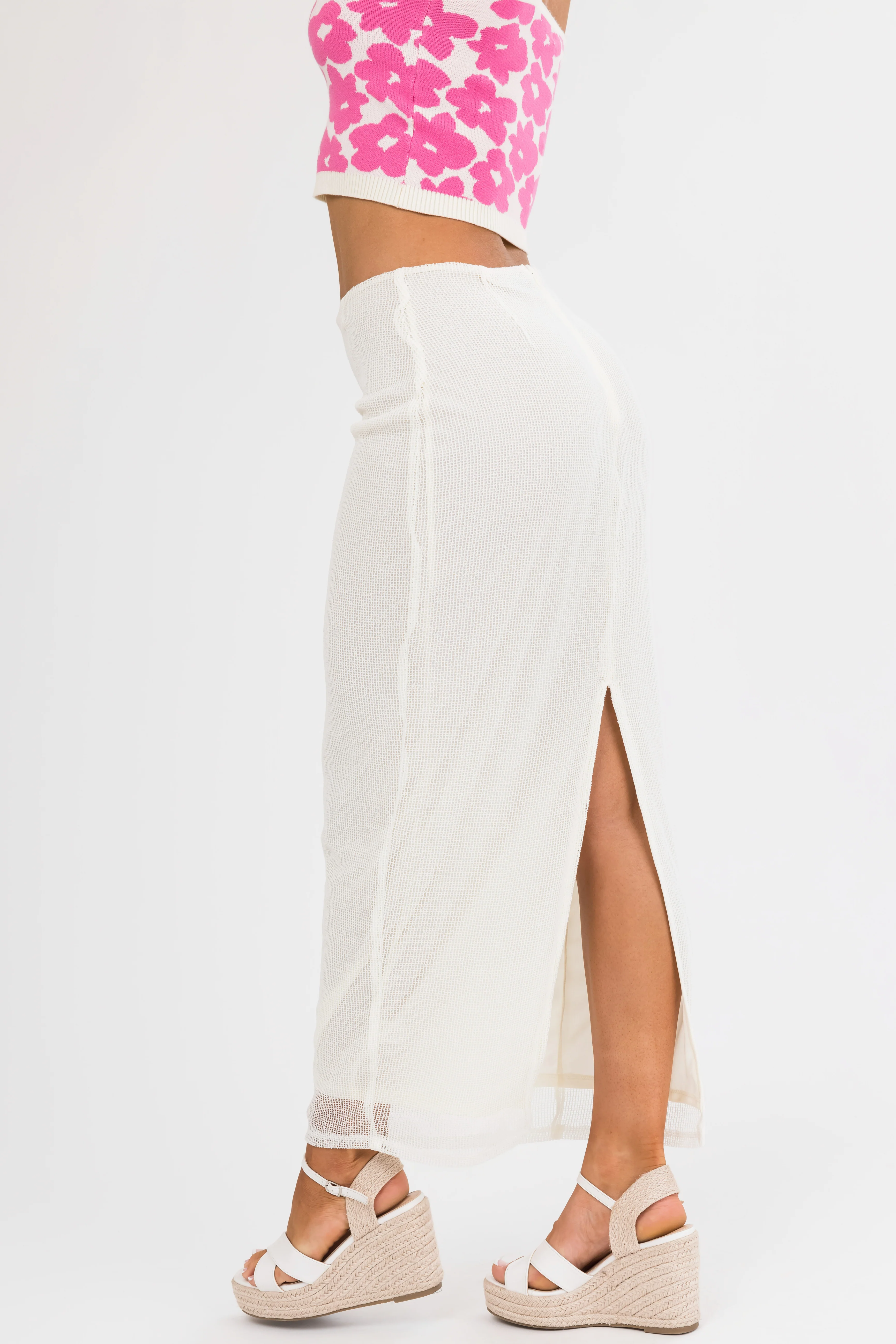 Cream Mesh Maxi Skirt with Back Slit - Image 13