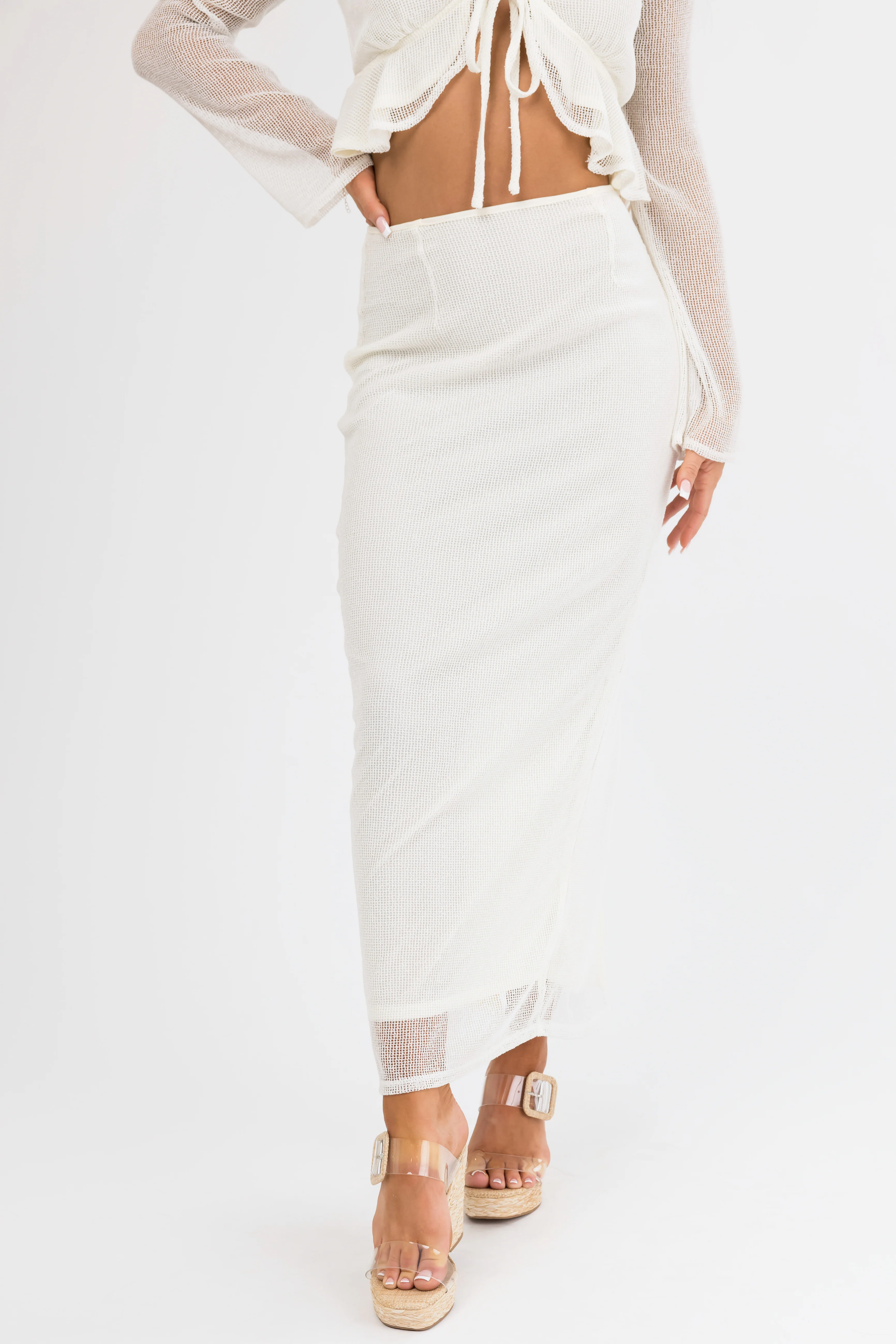 Cream Mesh Maxi Skirt with Back Slit - Image 2