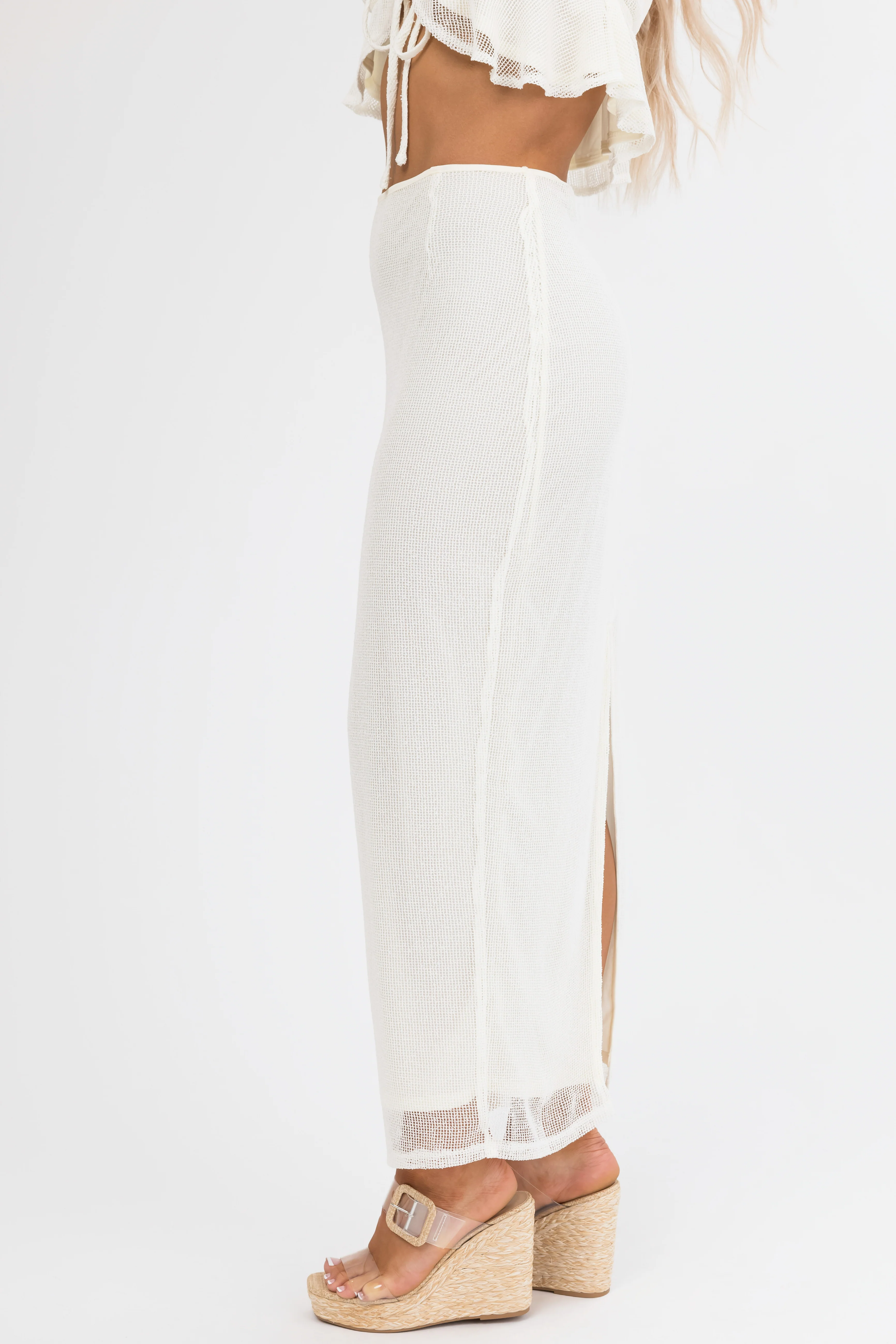 Cream Mesh Maxi Skirt with Back Slit - Image 3