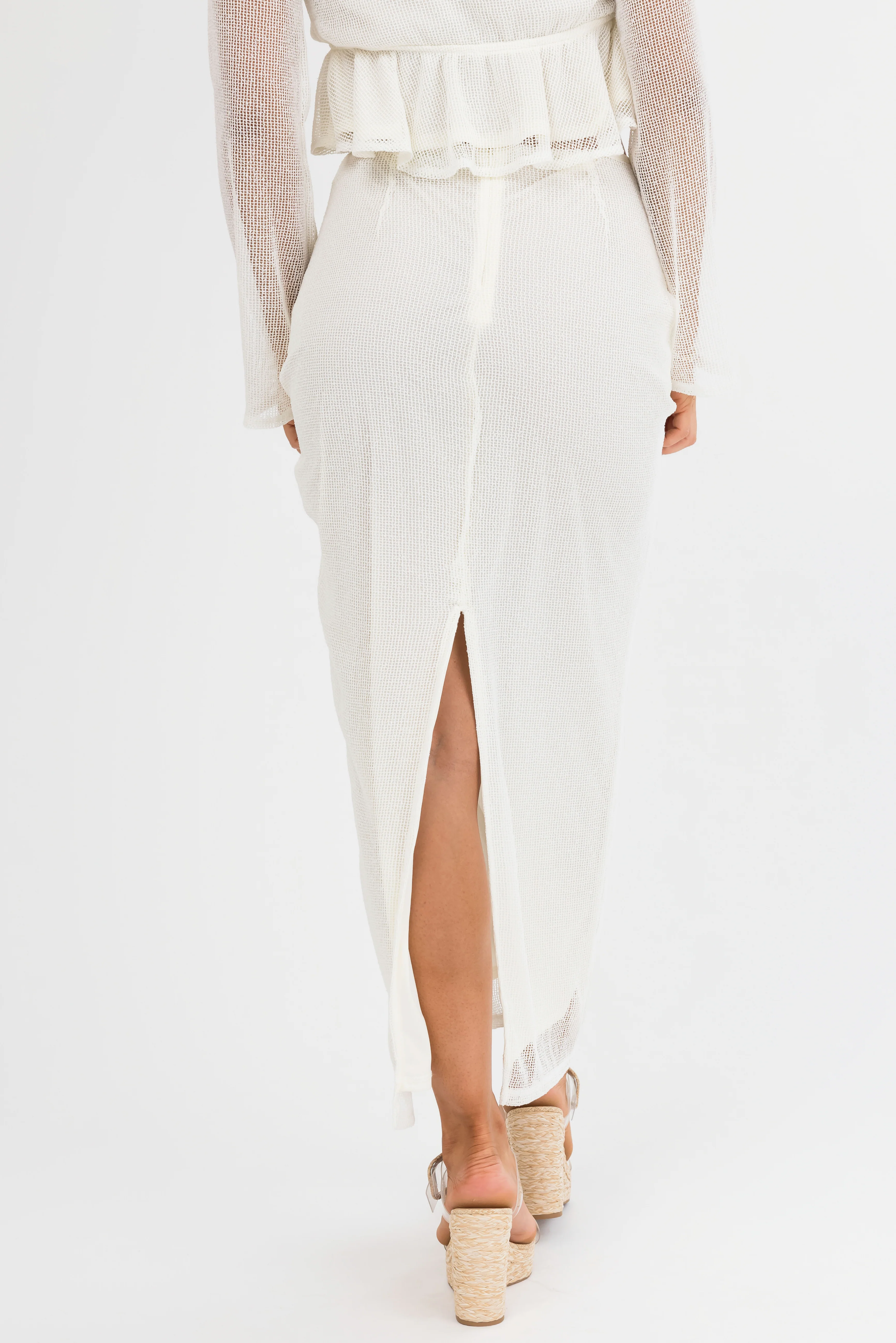 Cream Mesh Maxi Skirt with Back Slit - Image 4