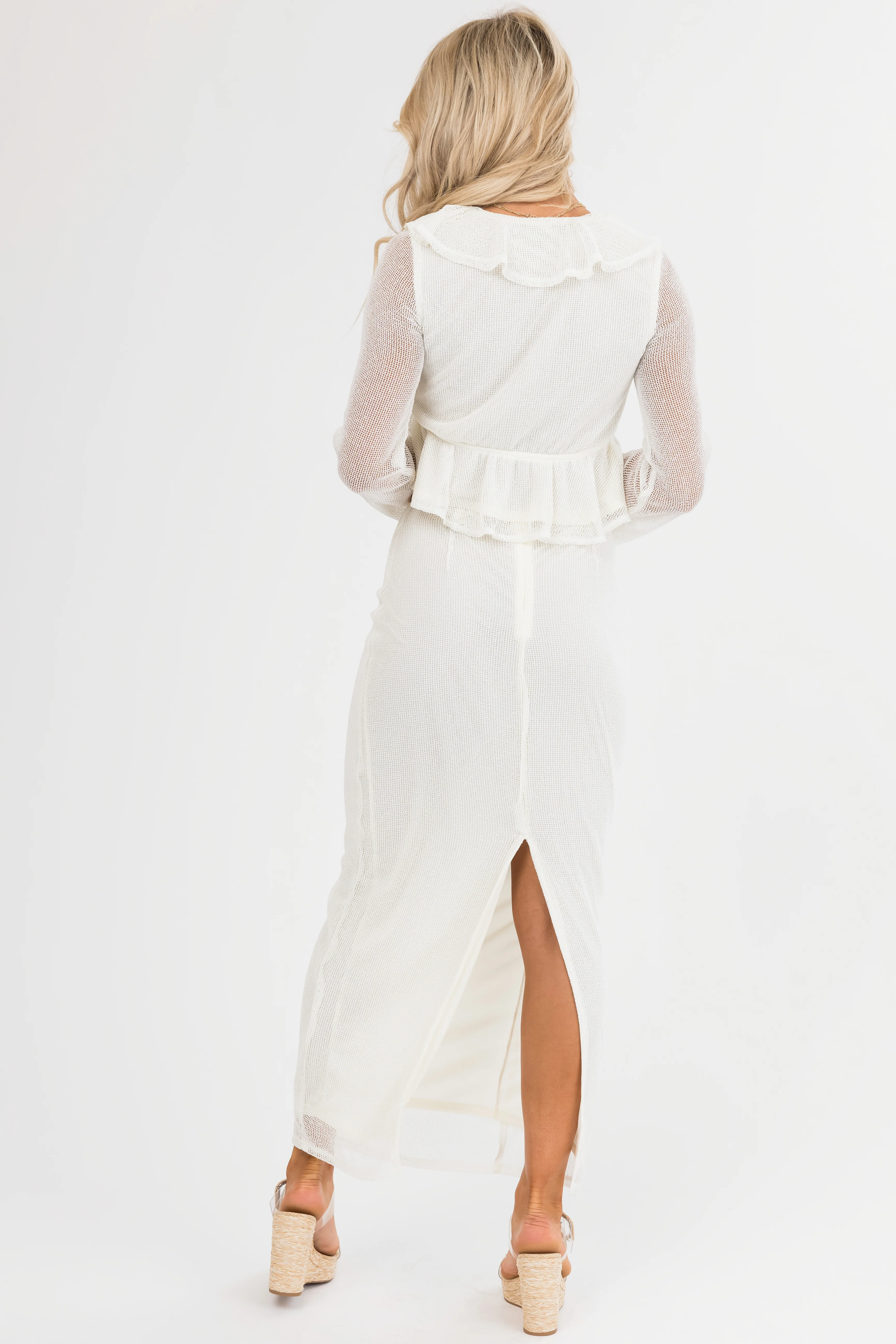 Cream Mesh Maxi Skirt with Back Slit - Image 8