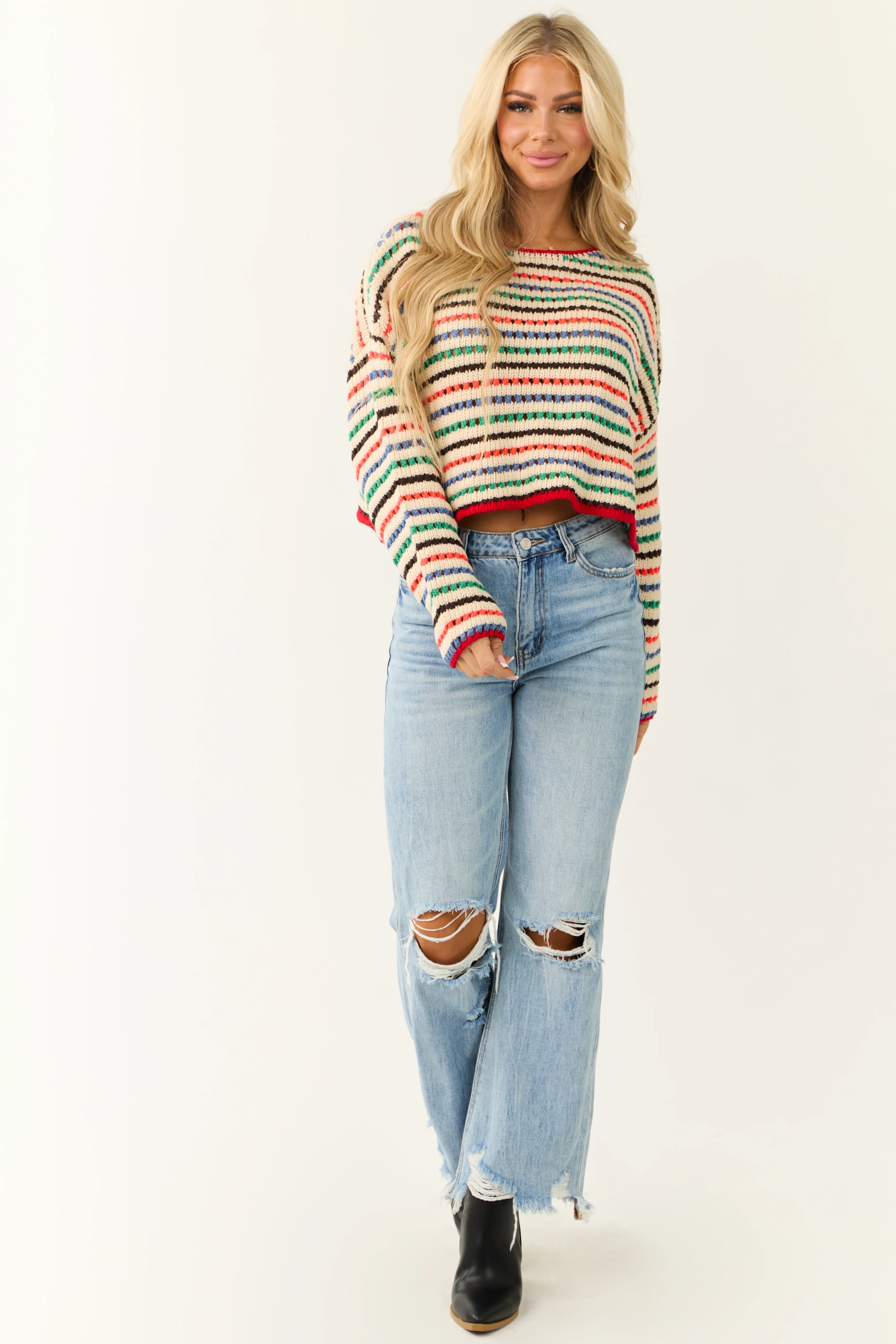 Cream Multicolor Striped Open Crochet Sweater - Image 3