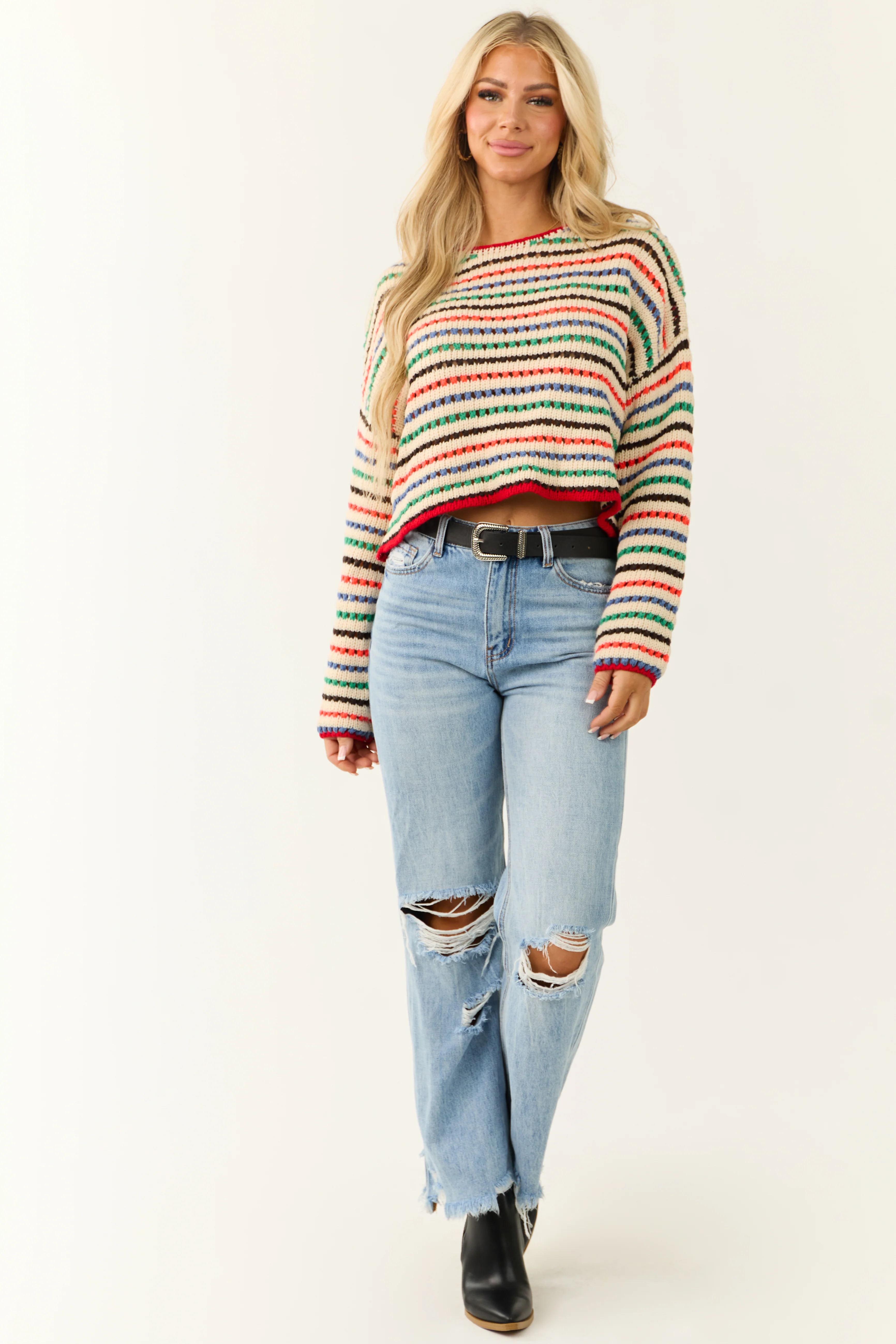 Cream Multicolor Striped Open Crochet Sweater - Image 5
