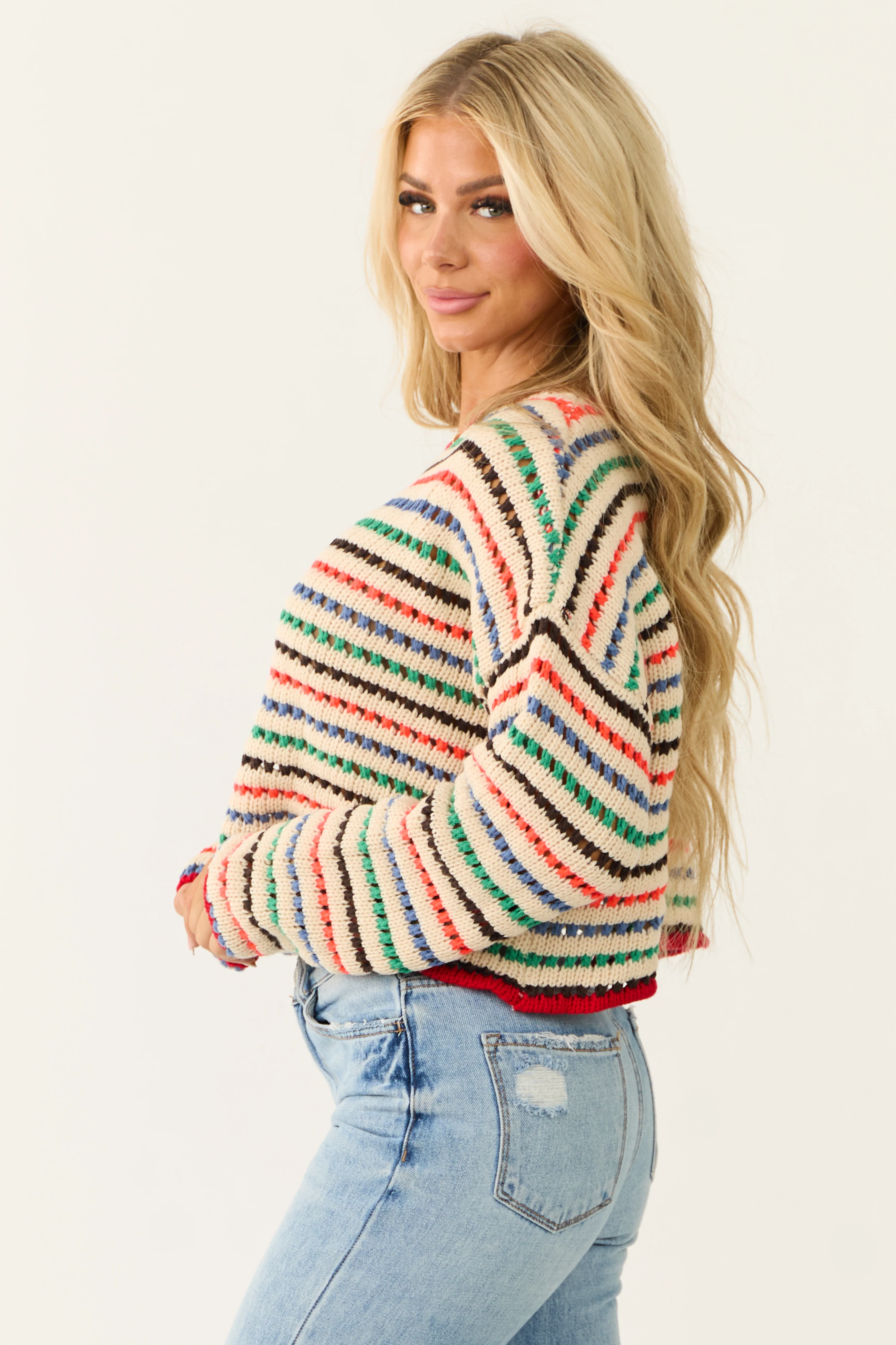 Cream Multicolor Striped Open Crochet Sweater - Image 6