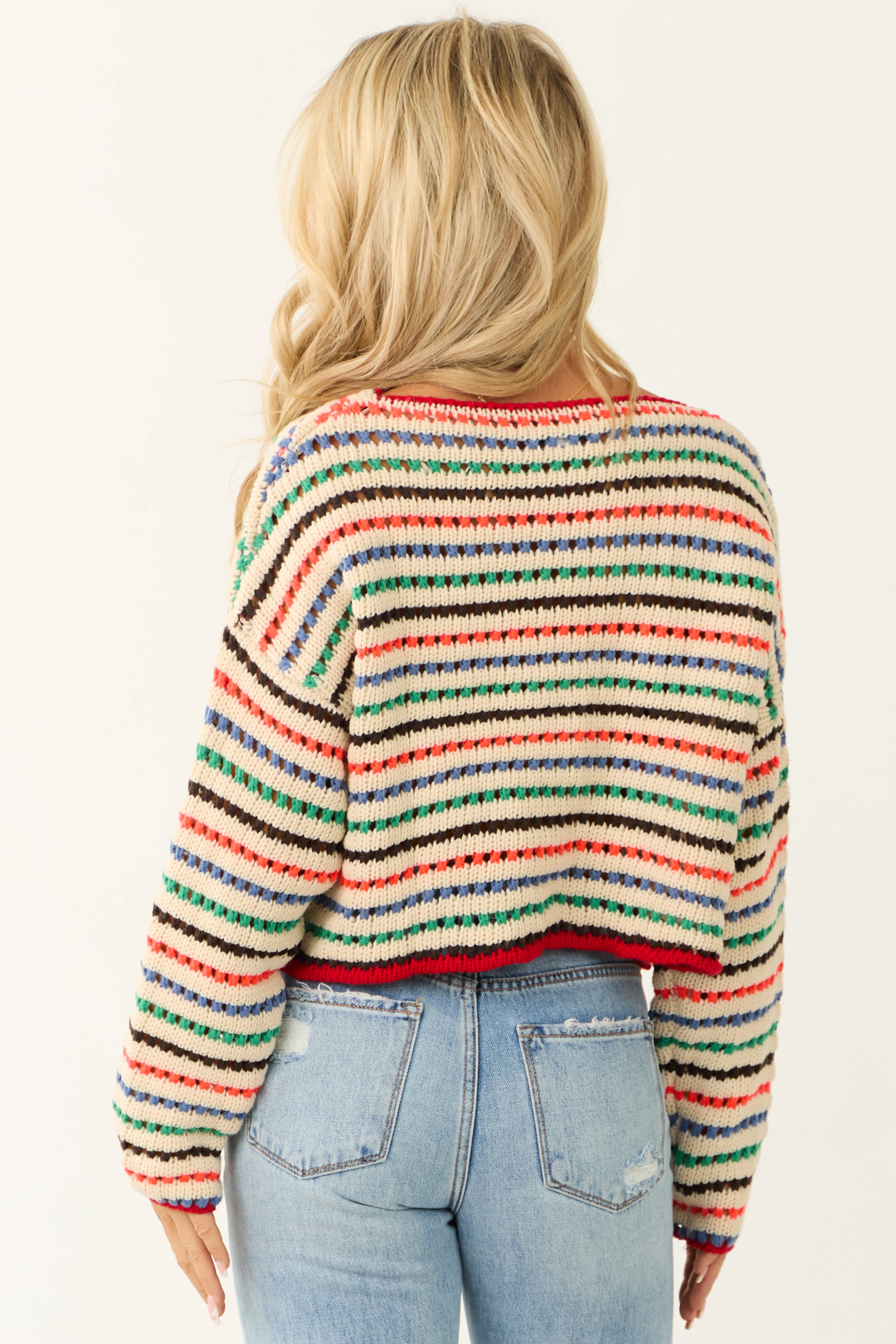 Cream Multicolor Striped Open Crochet Sweater - Image 7