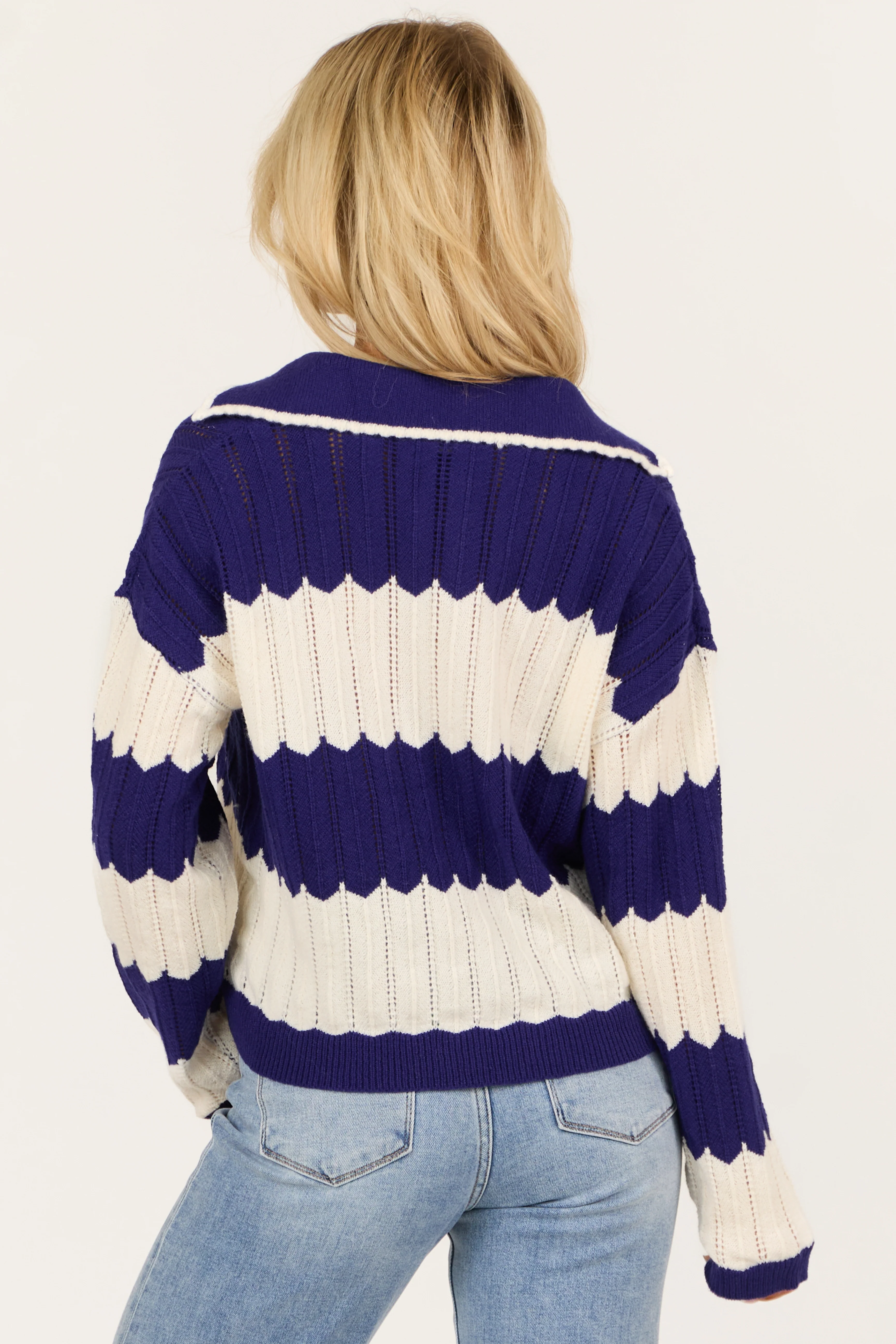 Cream and Navy Zig Zag Striped Collared Sweater - Image 5