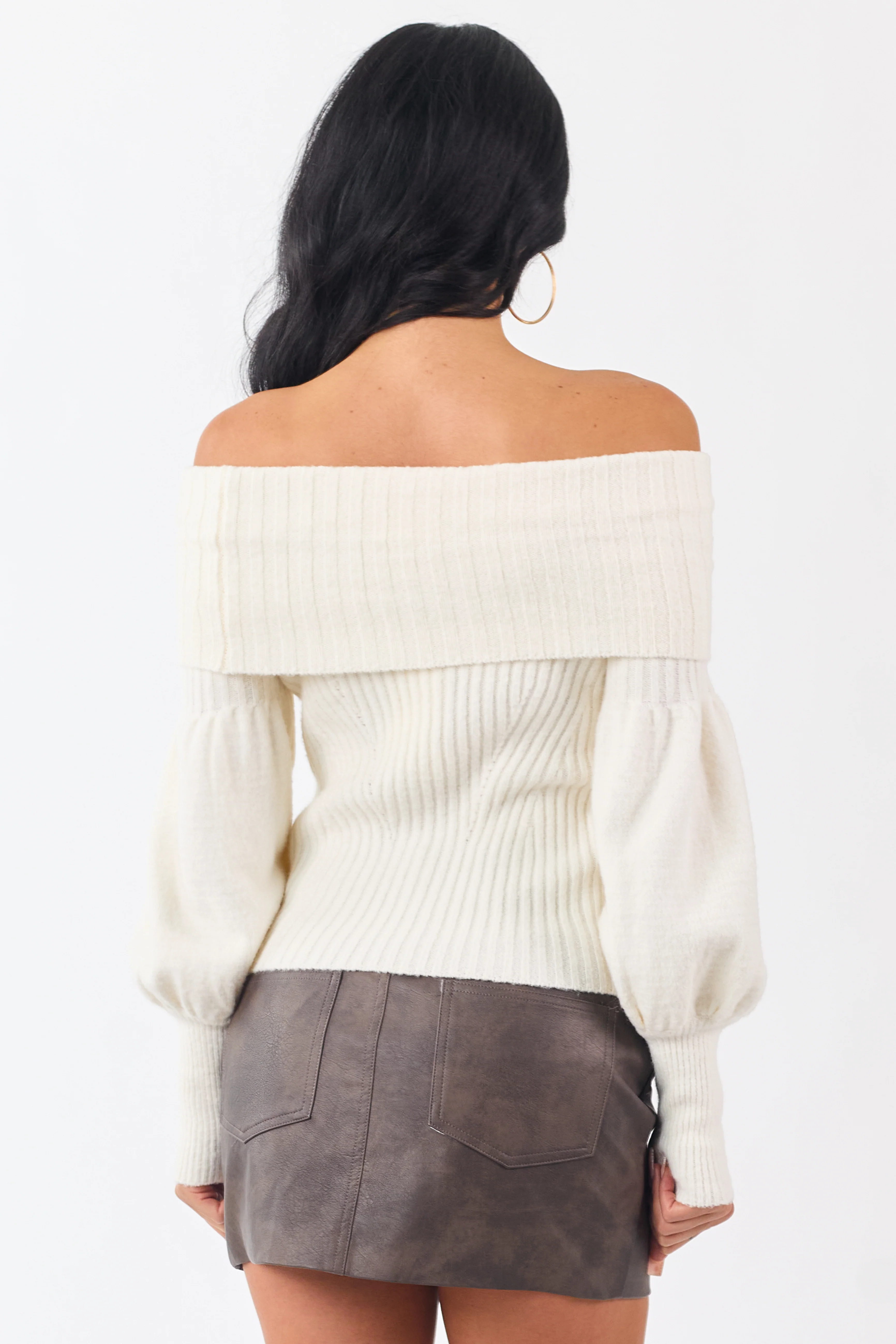 Cream Off Shoulder Long Puff Sleeve Sweater - Image 5