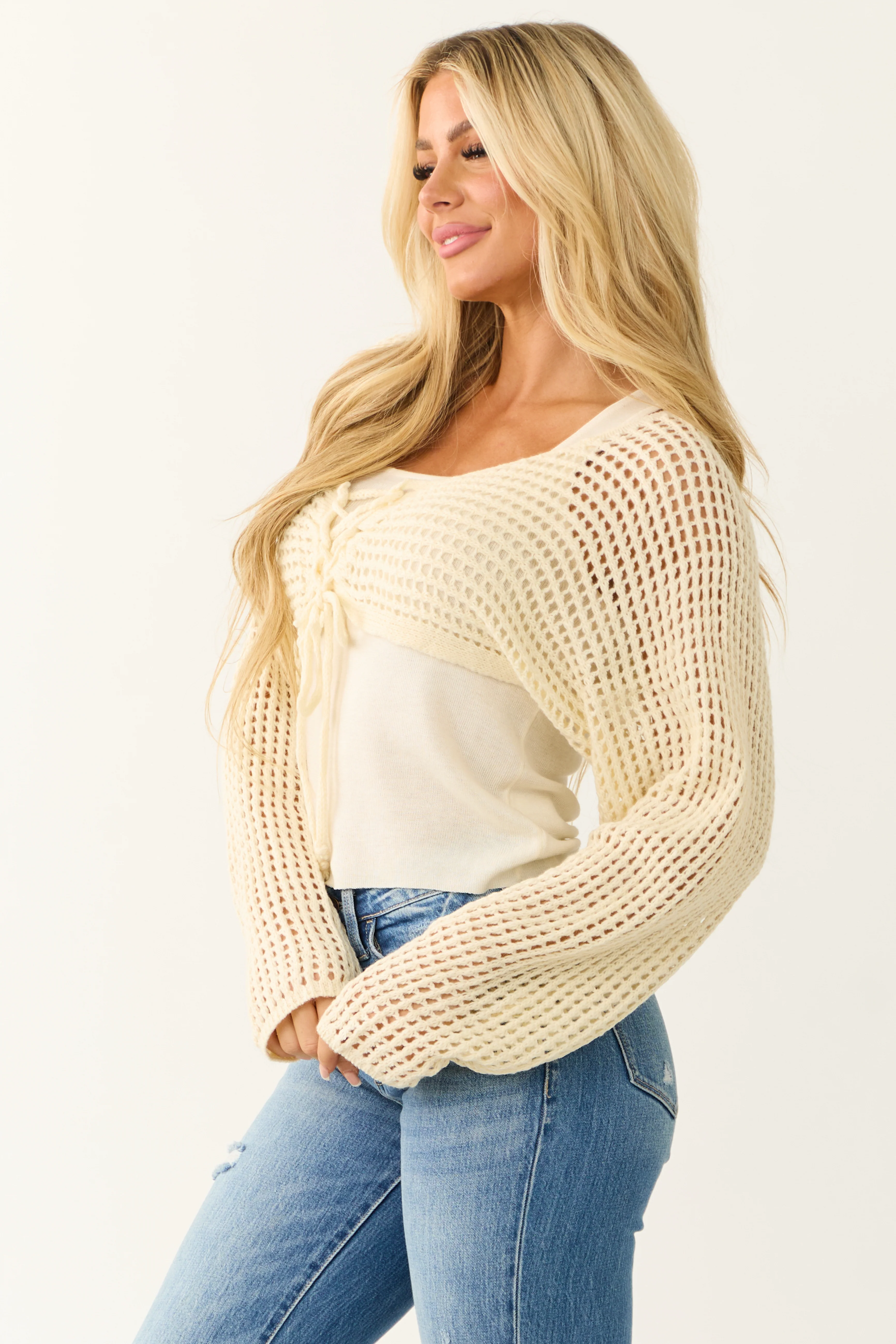 Cream Open Crochet Cropped Cardigan with Tank Top - Image 6