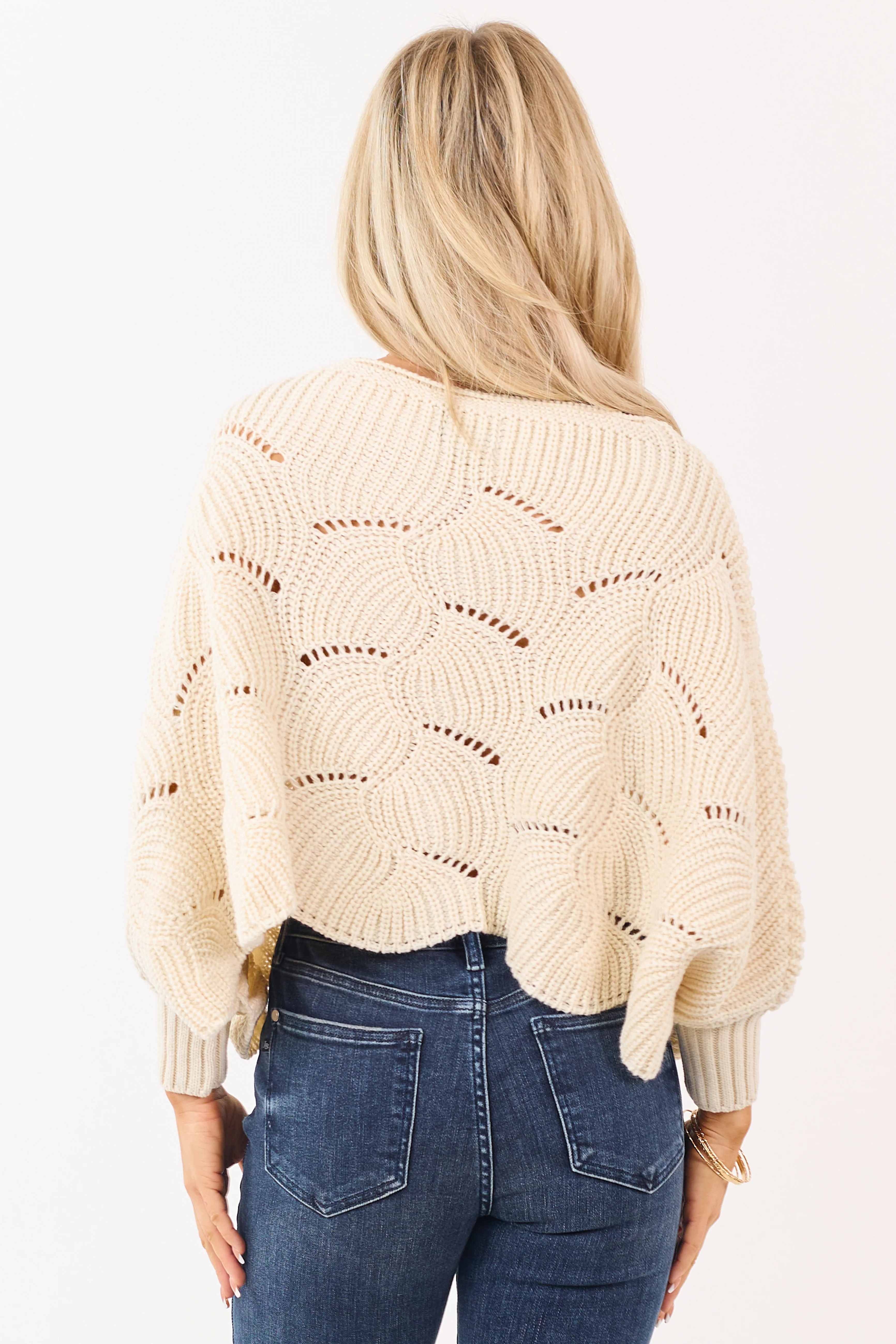 Cream Open Knit Dolman Sleeve Crop Sweater Poncho - Image 5