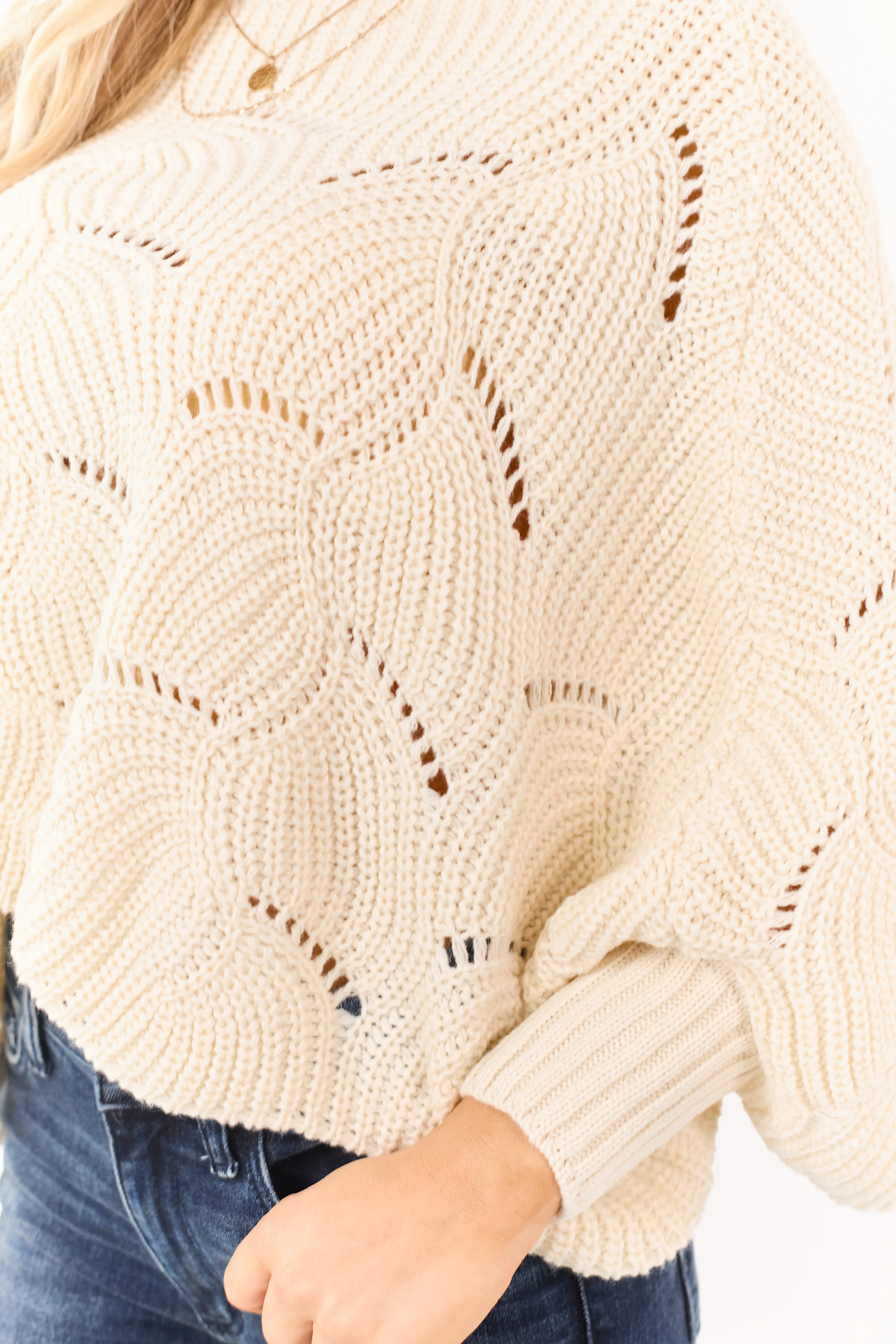 Cream Open Knit Dolman Sleeve Crop Sweater Poncho - Image 6