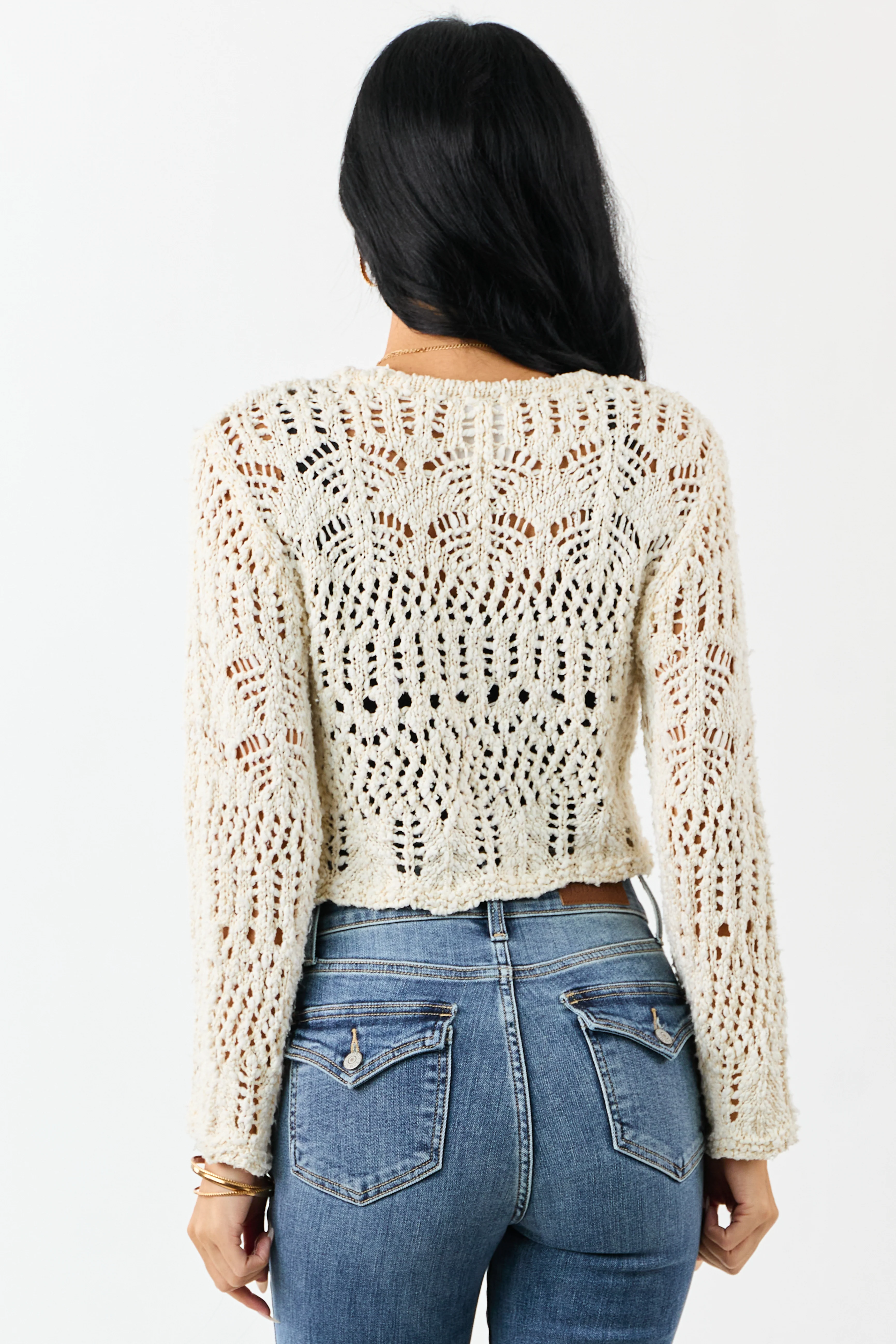 Cream Open Knit Two Tie Long Sleeve Cardigan - Image 5