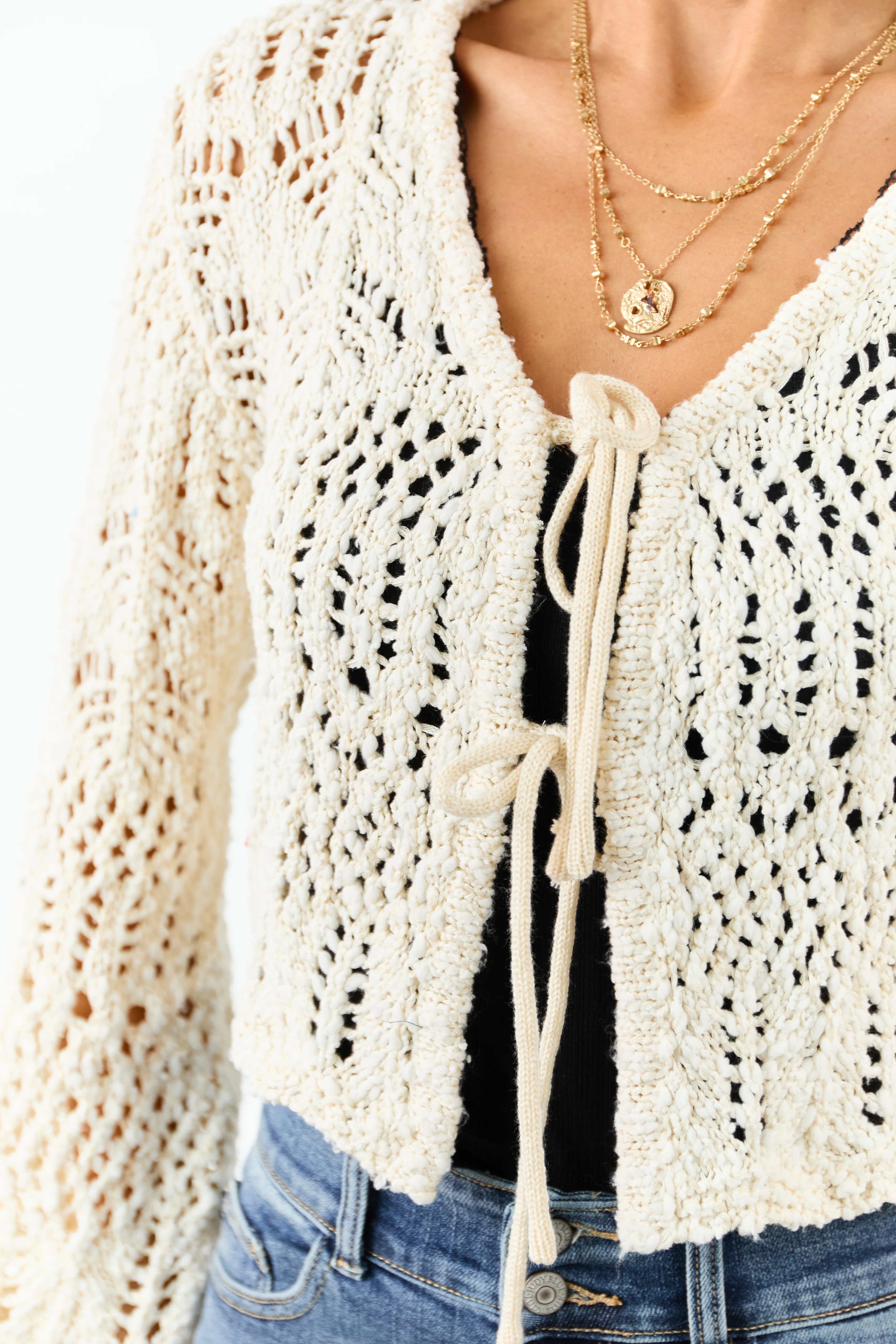 Cream Open Knit Two Tie Long Sleeve Cardigan - Image 6