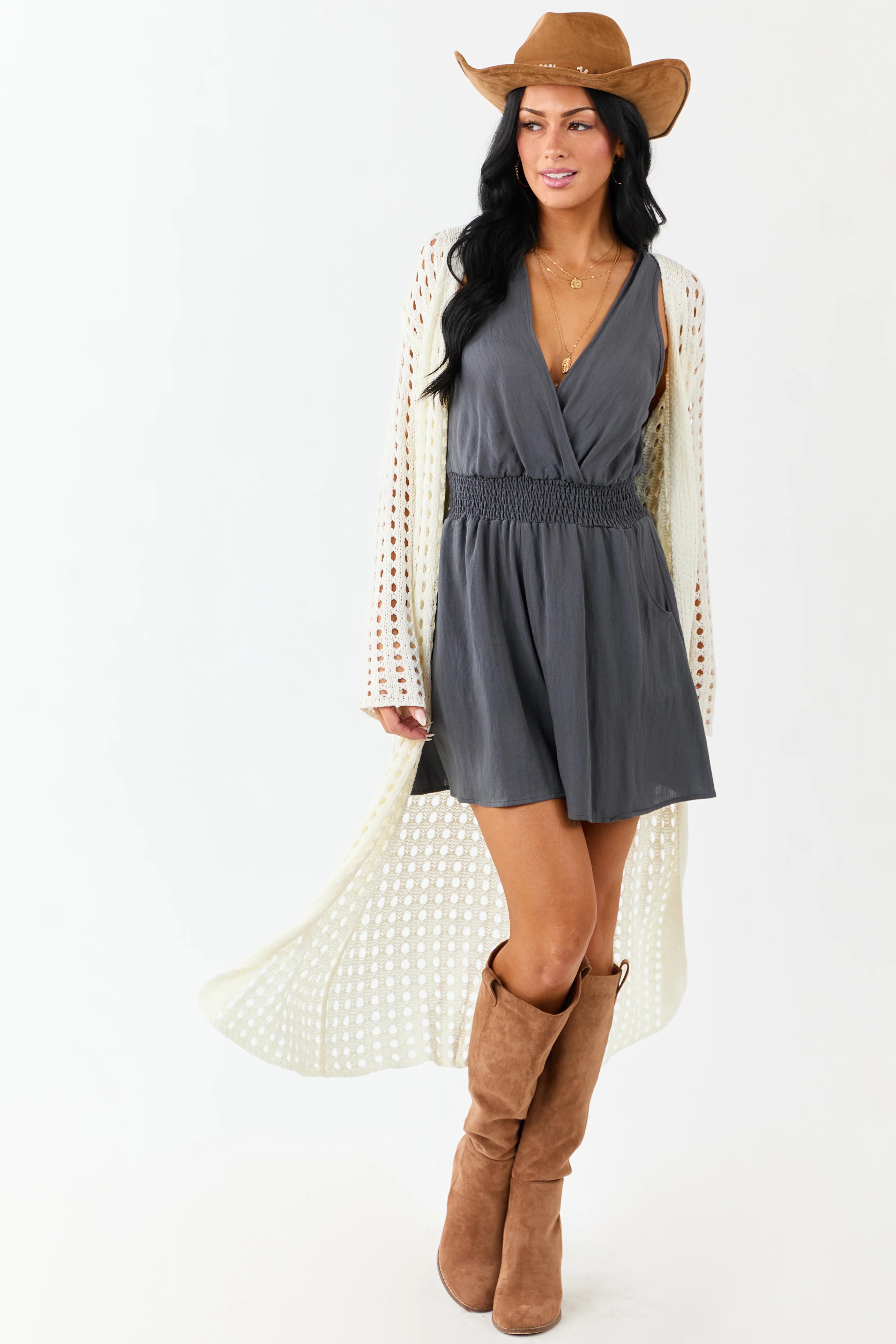 Cream Open Knit Wide Sleeve Duster Cardigan - Image 4