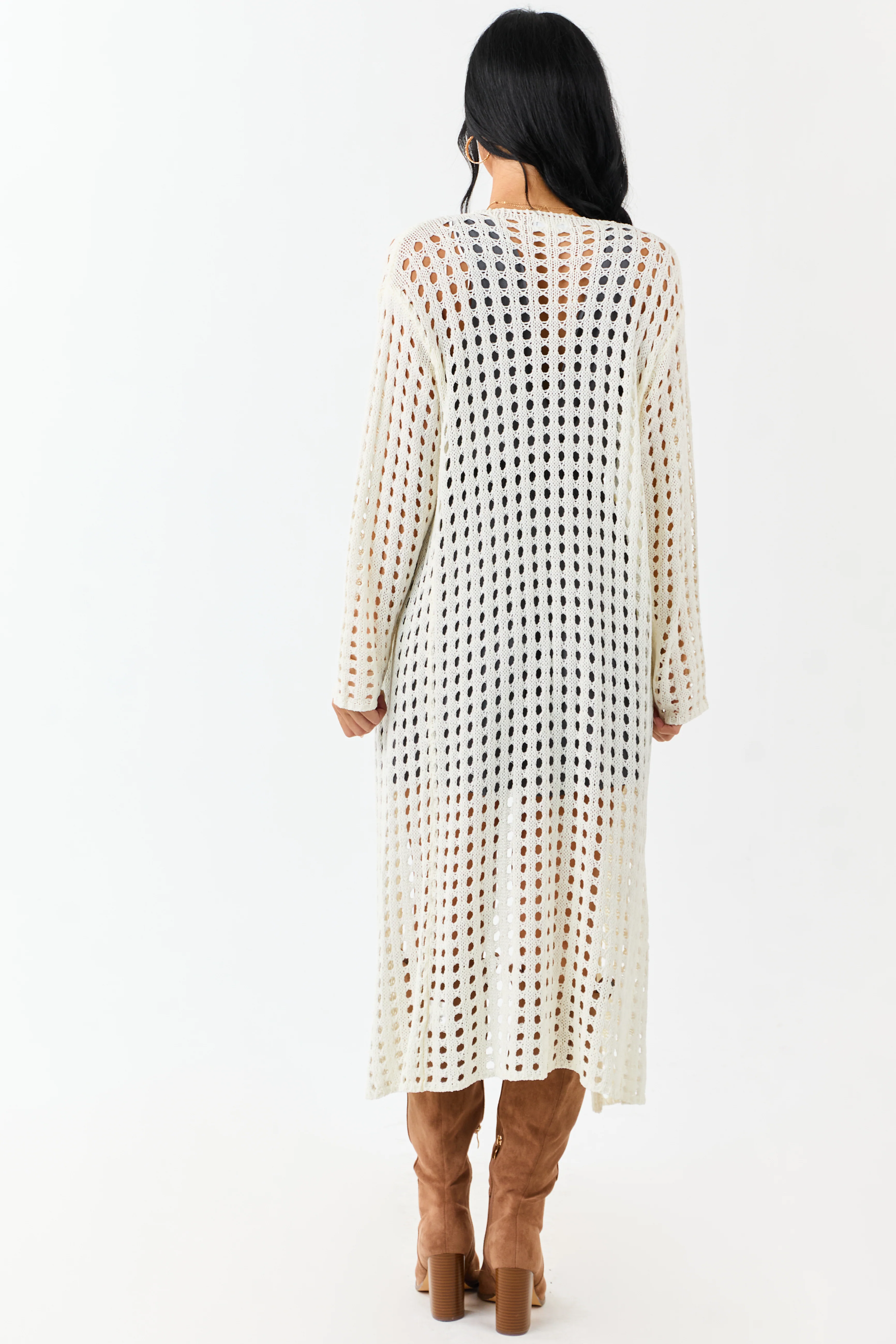 Cream Open Knit Wide Sleeve Duster Cardigan - Image 6