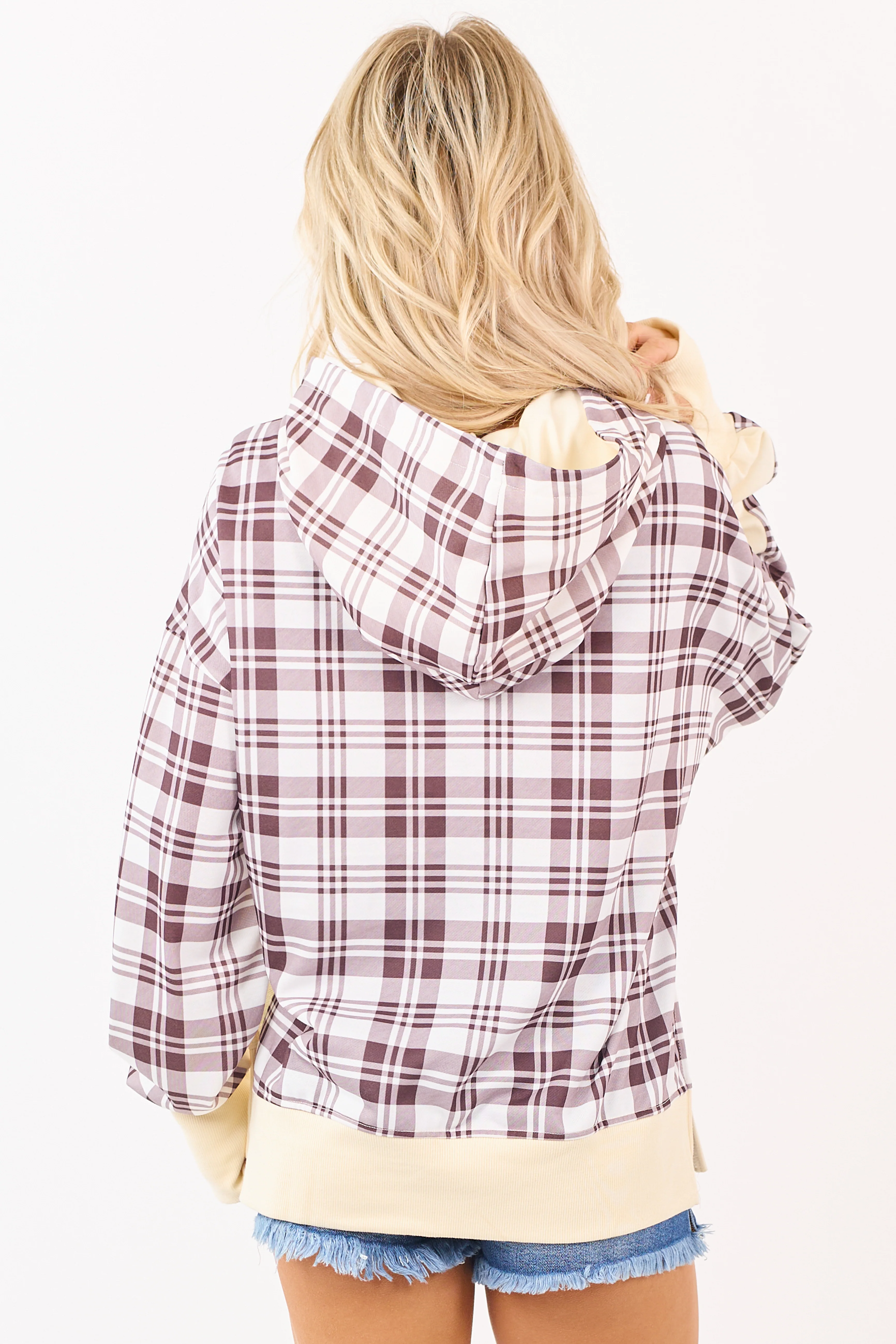 Cream Patchwork Plaid Sweatshirt Hoodie - Image 5