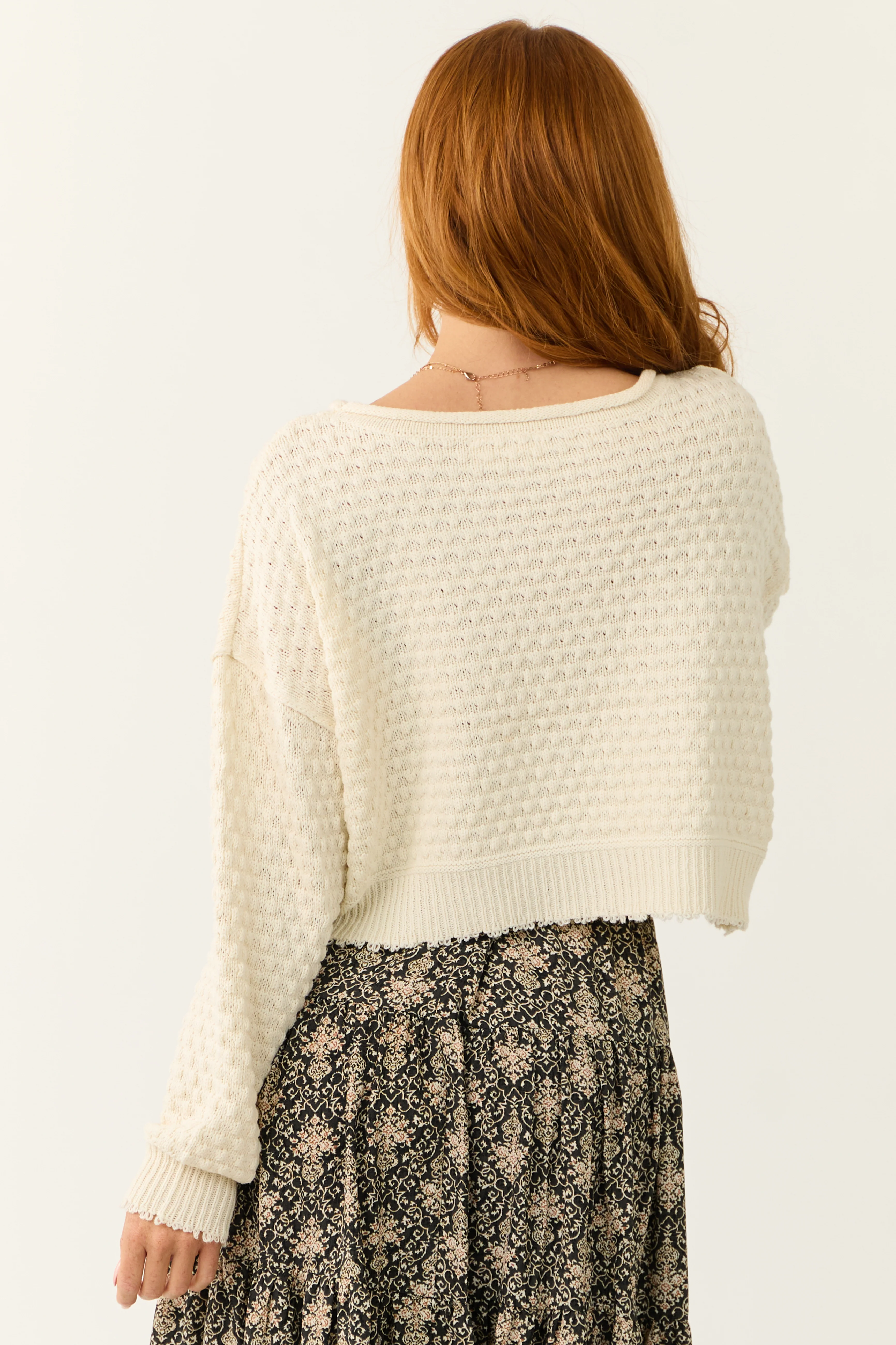 Cream Patterned Knit Mid Length Sweater - Image 6