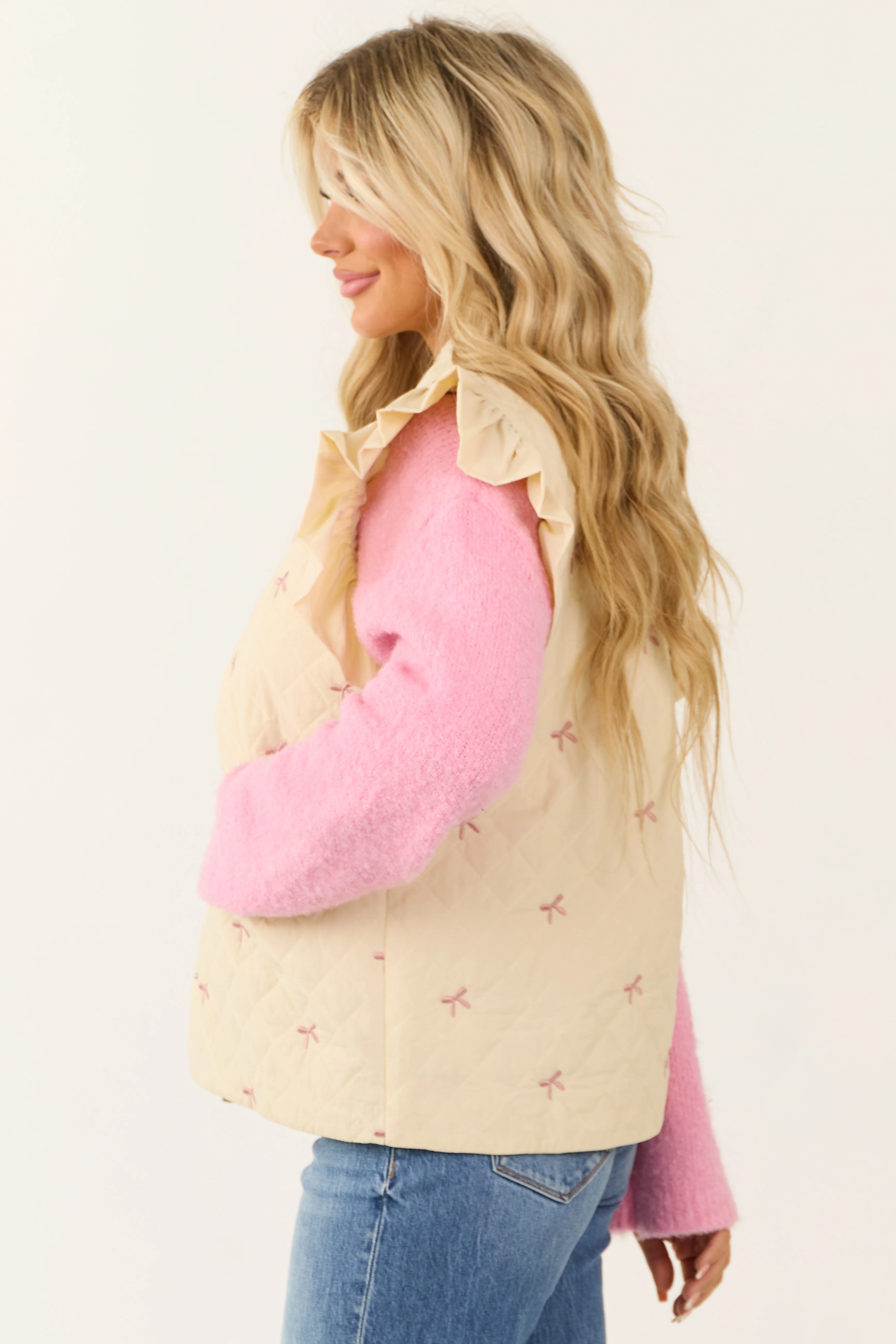 Cream Quilted Vest with Ribbon Embroidery Pattern - Image 4