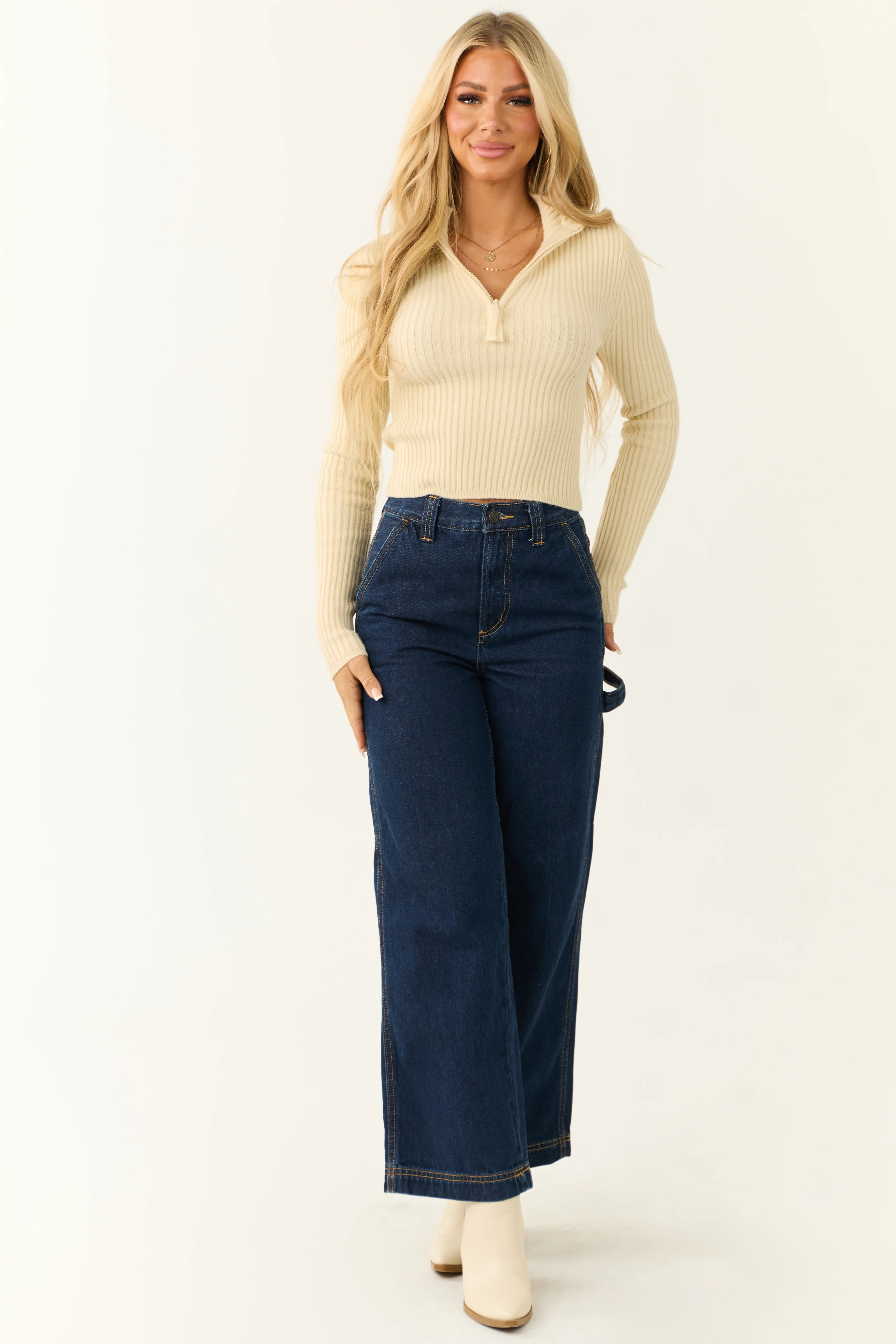 Cream Ribbed Knit Half Zip Fitted Top - Image 3