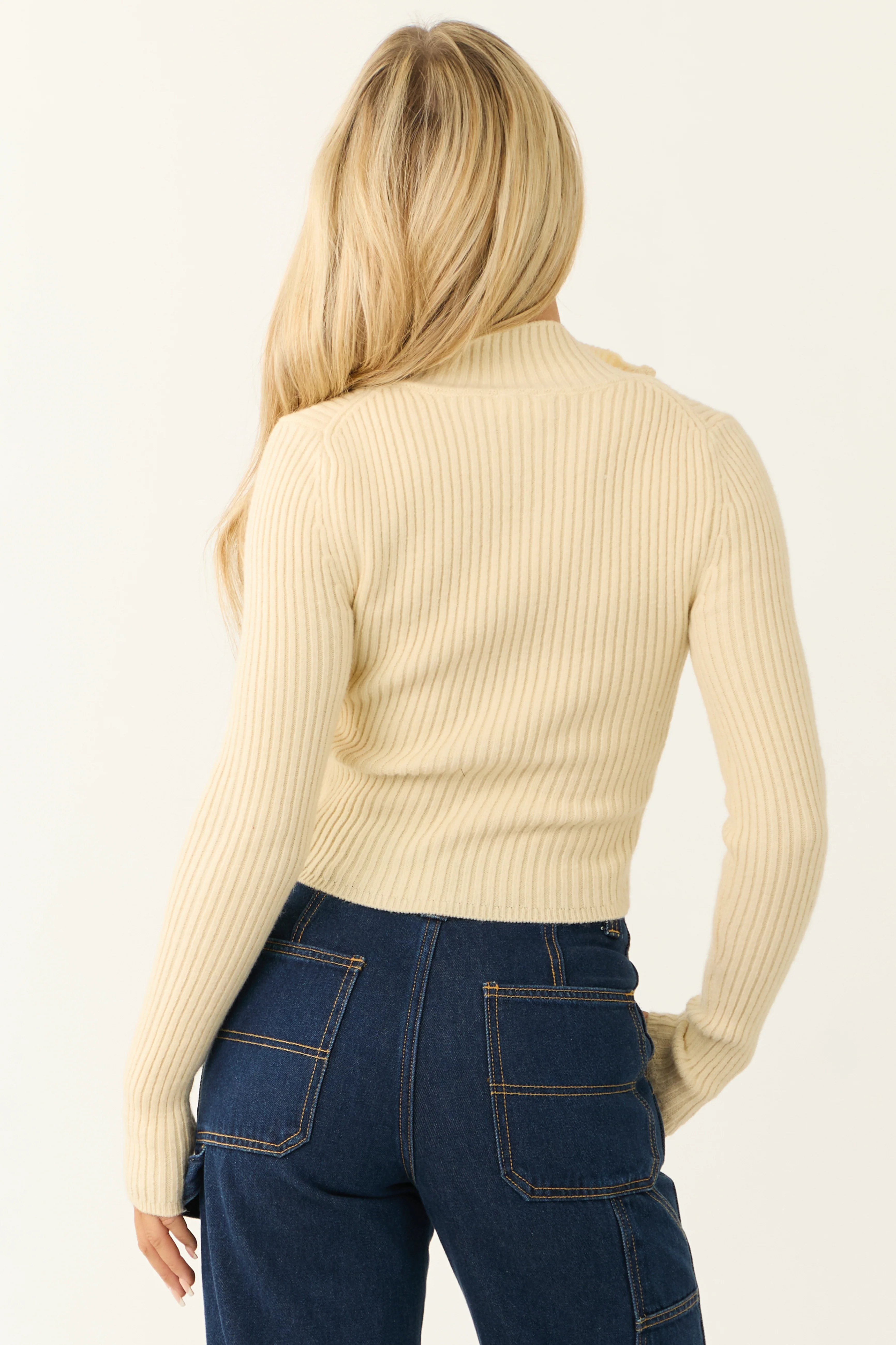 Cream Ribbed Knit Half Zip Fitted Top - Image 6