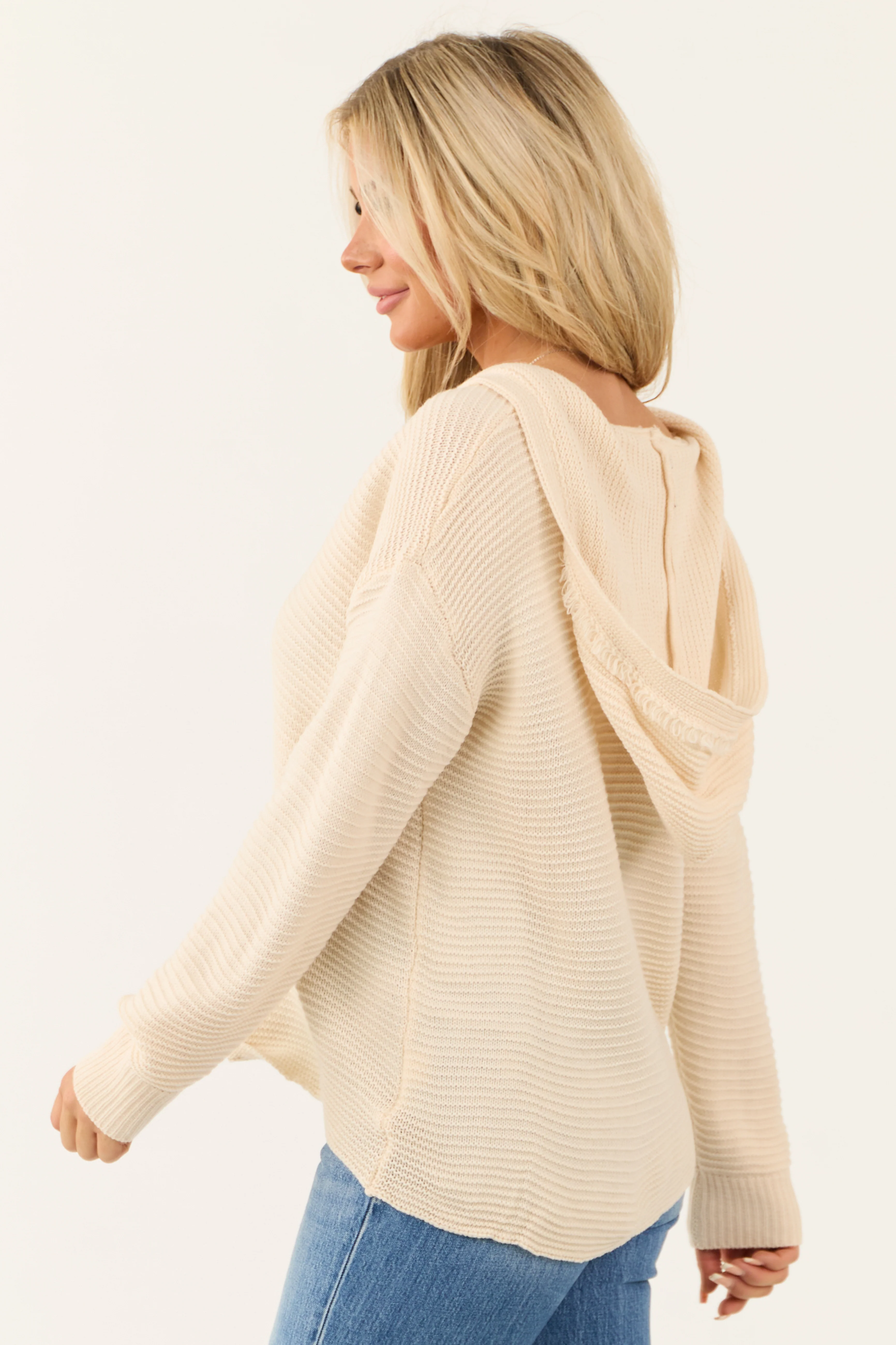 Cream Ribbed Knit Fringe Neckline Hooded Sweater - Image 4
