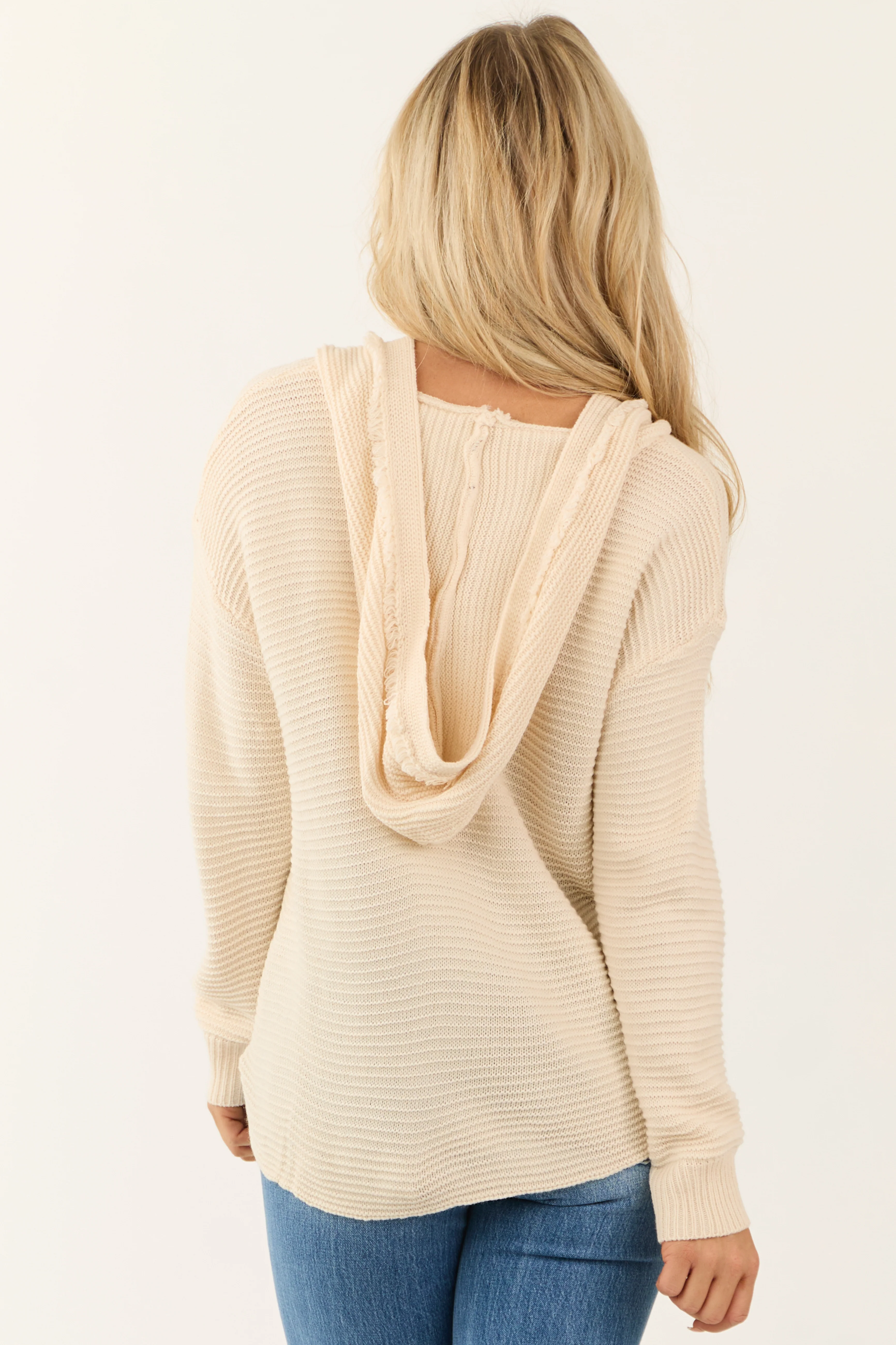 Cream Ribbed Knit Fringe Neckline Hooded Sweater - Image 5