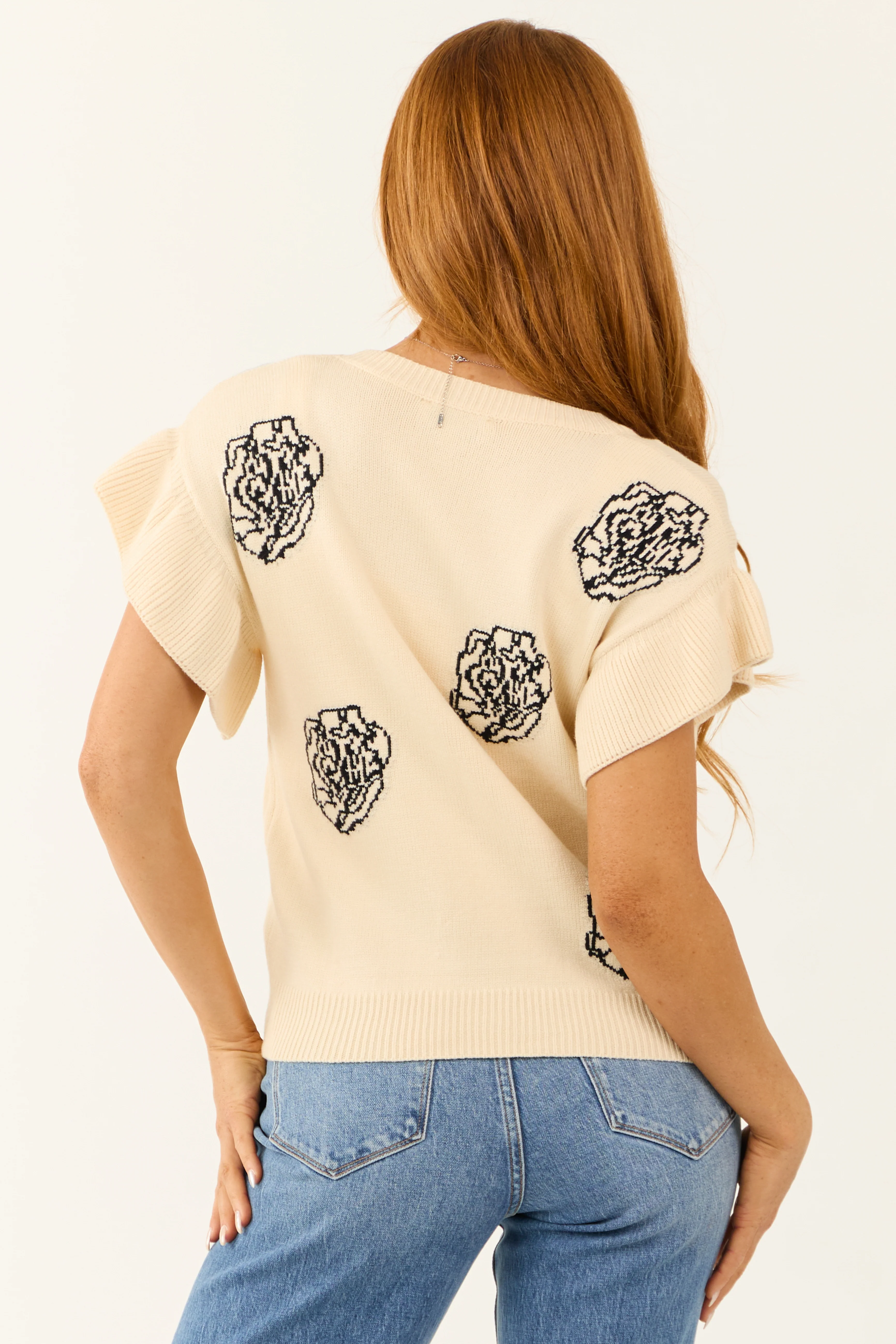 Cream Rose Print Short Ruffle Sleeve Sweater Top - Image 5